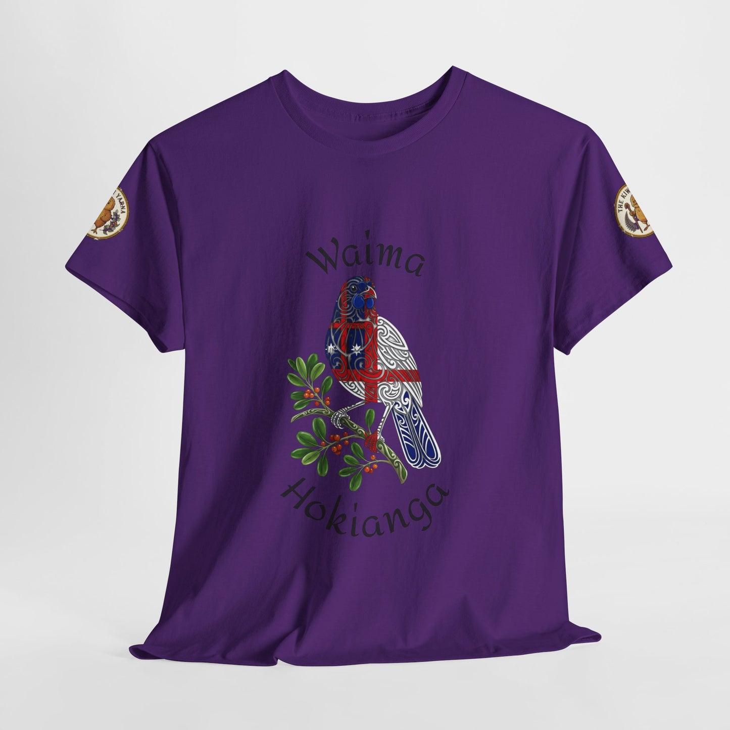 Purple crew-neck T-shirt with centered bird graphic and “Waima Hokianaga” text