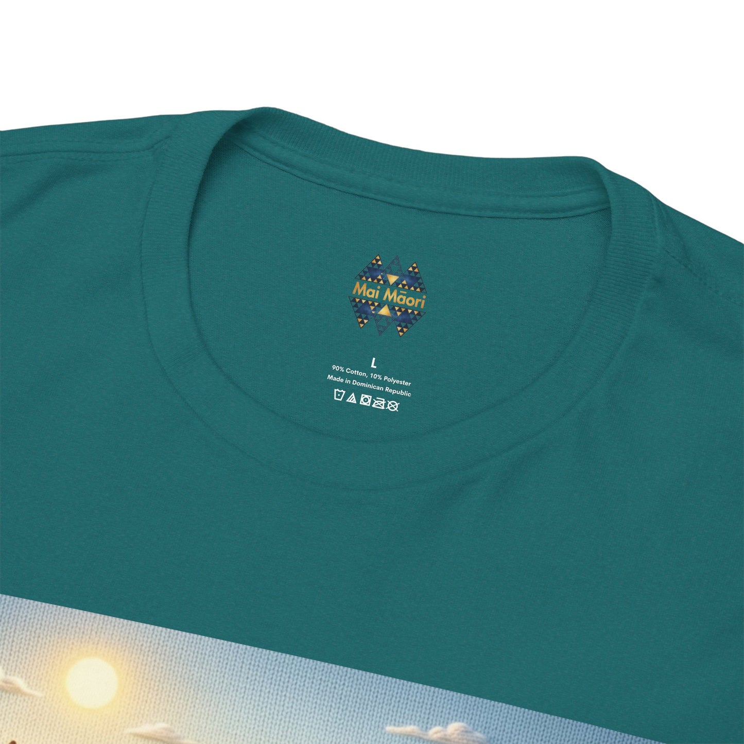 Teal crew-neck T-shirt with small chest logo and farm graphic panel edge
