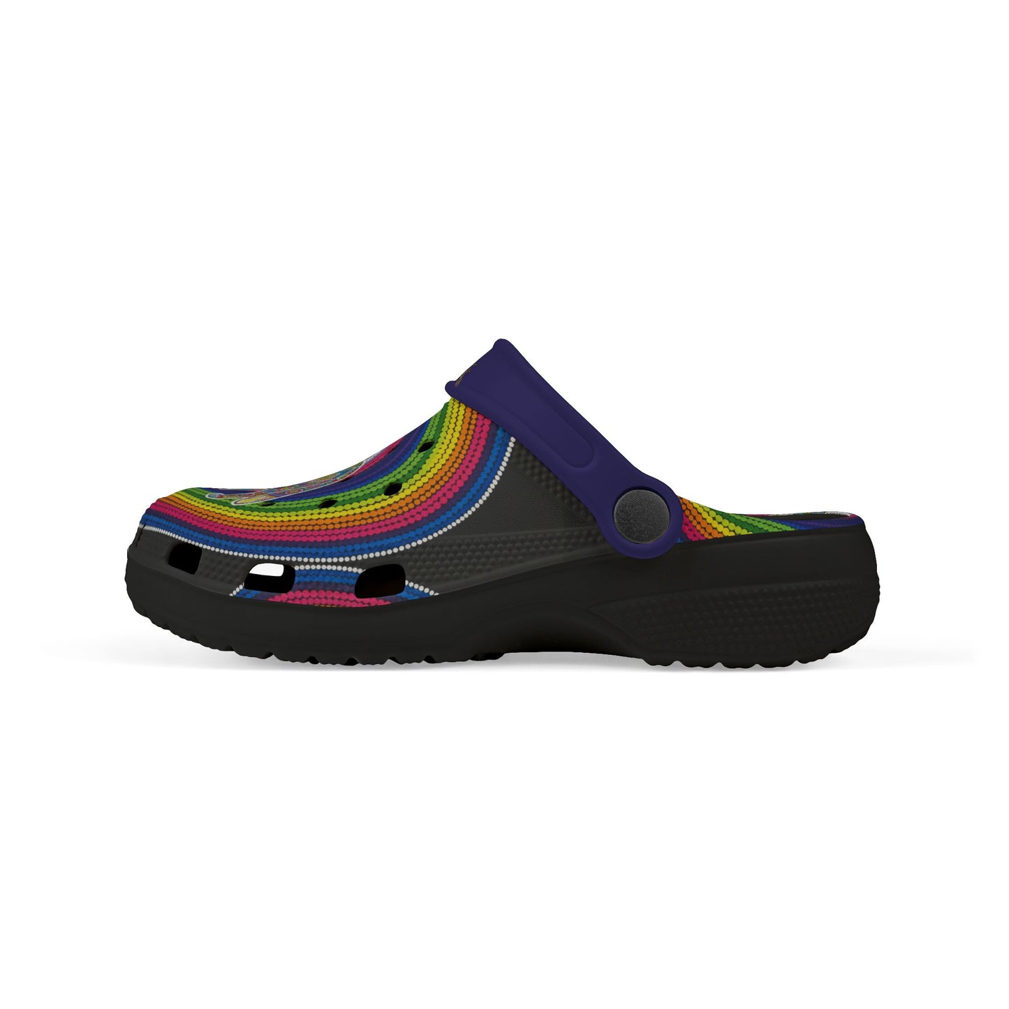 Lateral view navy slip-on clog with rainbow dingo print and black outsole