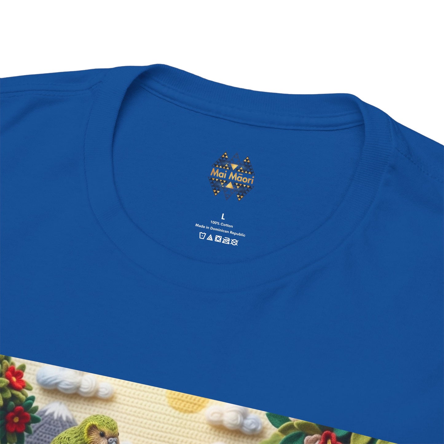 Blue crewneck T-shirt with small chest logo and rectangular bird scene graphic