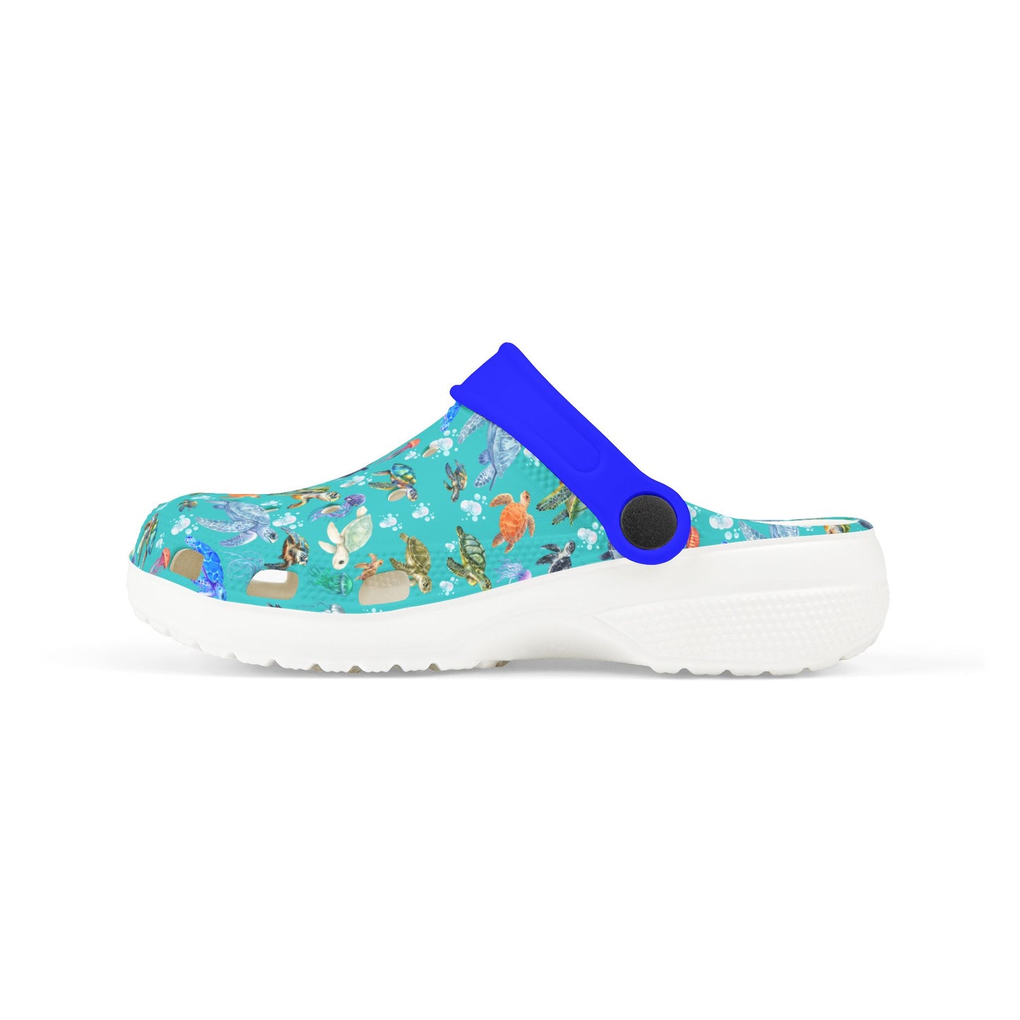 Kids slip-on clogs with teal marine print side panel and blue upper, round vent accents