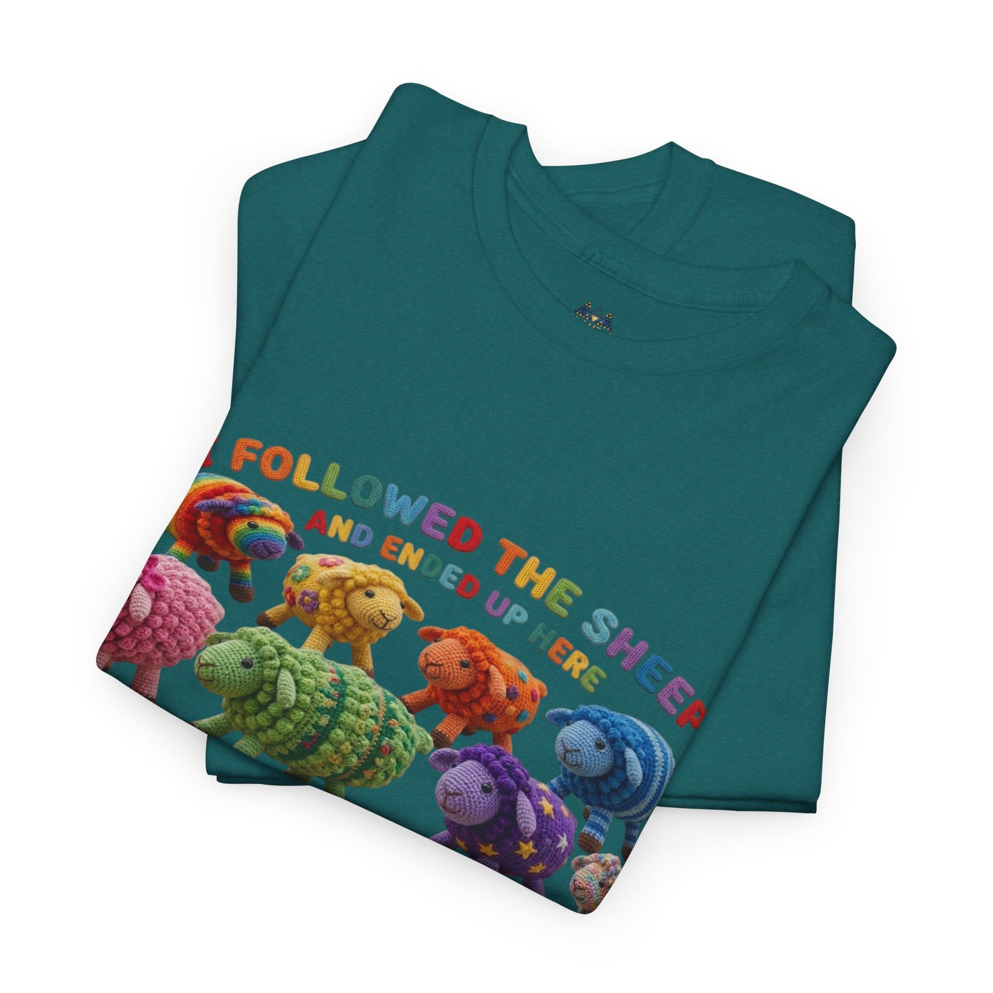Teal graphic T-shirt with illustrated sheep lineup and colorful text across chest