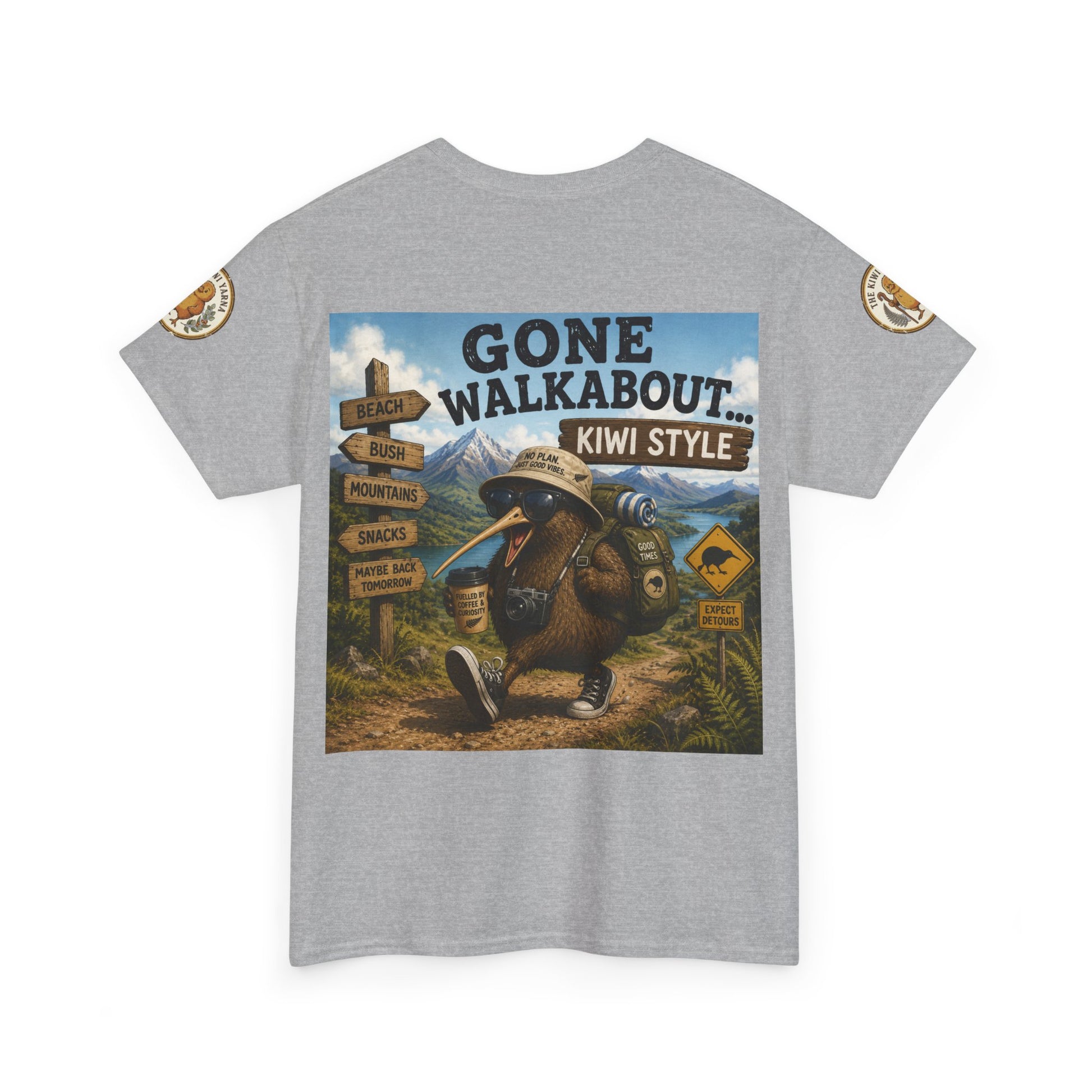Grey T-shirt with 'Gone Walkabout Kiwi Style' graphic and small sleeve patches