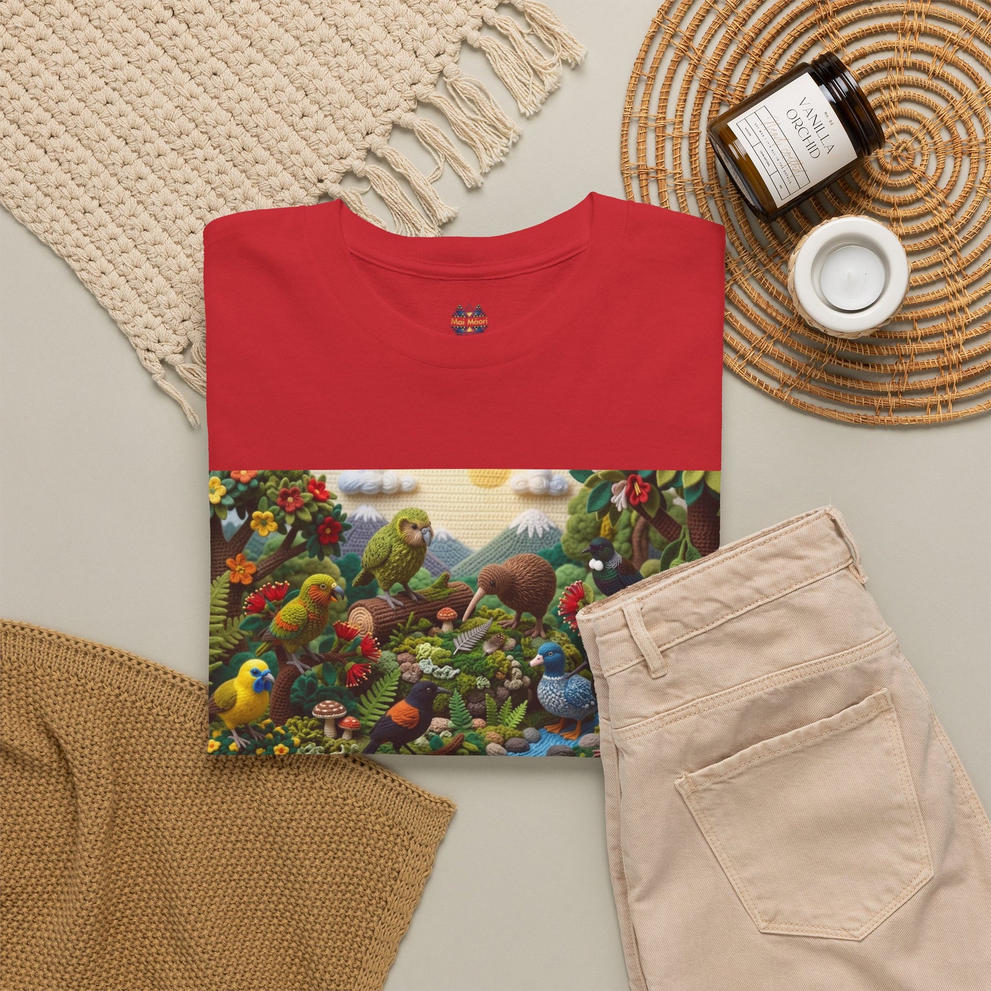 Red T-shirt with scenic birds and flowers graphic panel on the front