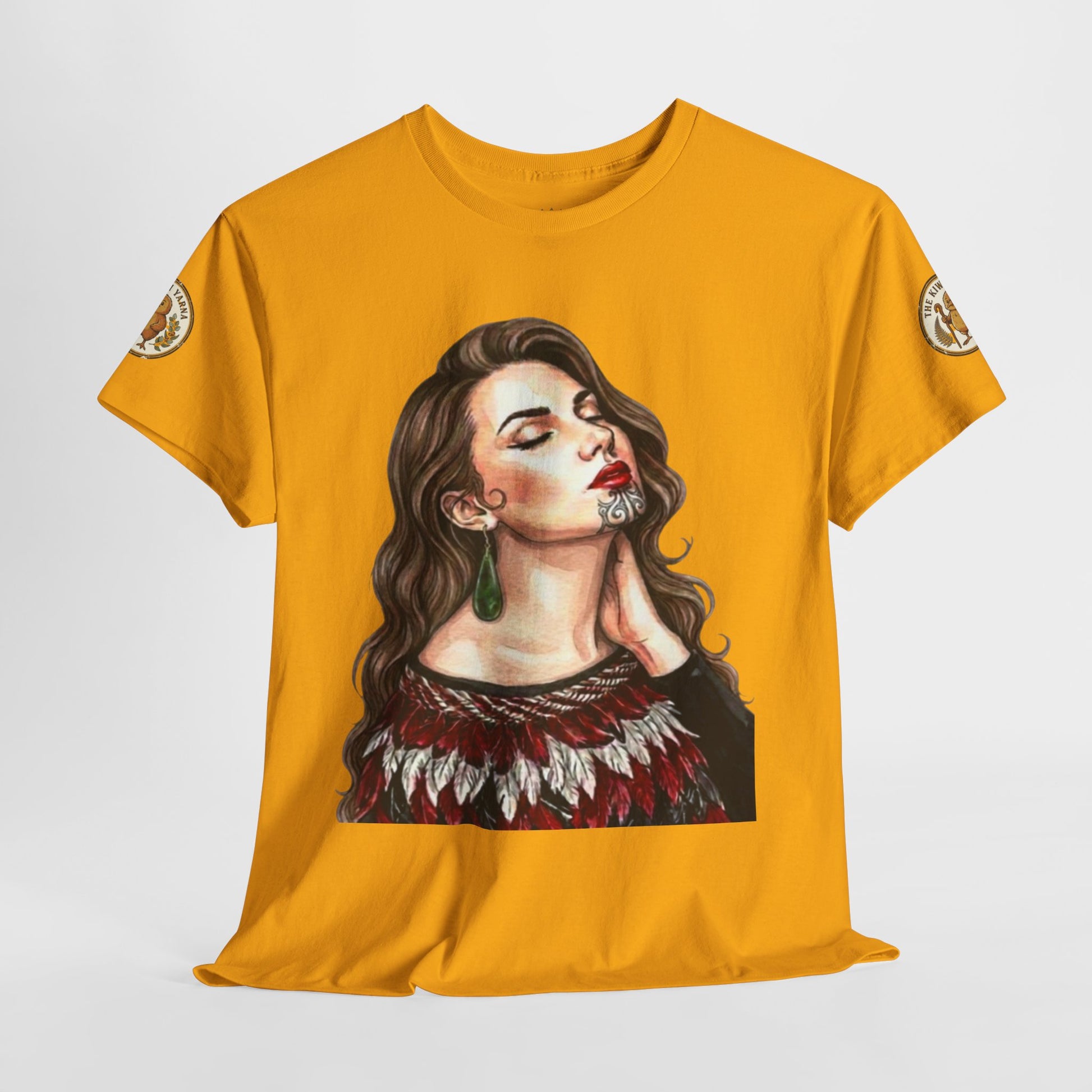 Orange graphic T-shirt with crew neck, short sleeves, large portrait print, circular sleeve patches