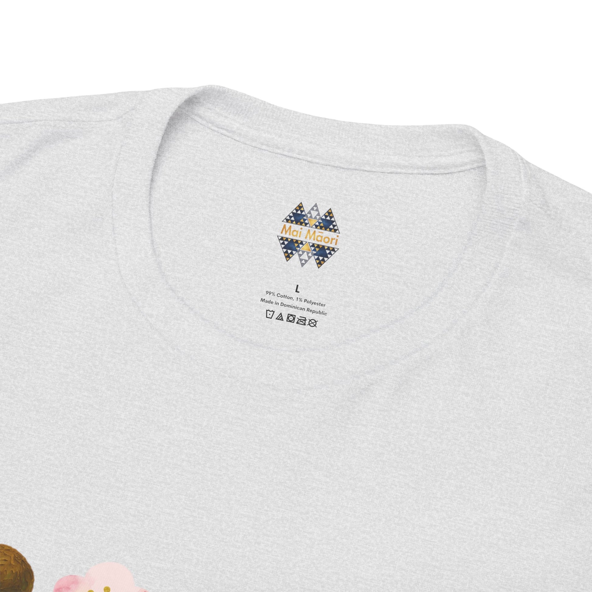 Heather gray T-shirt with small back neck logo patch near the collar