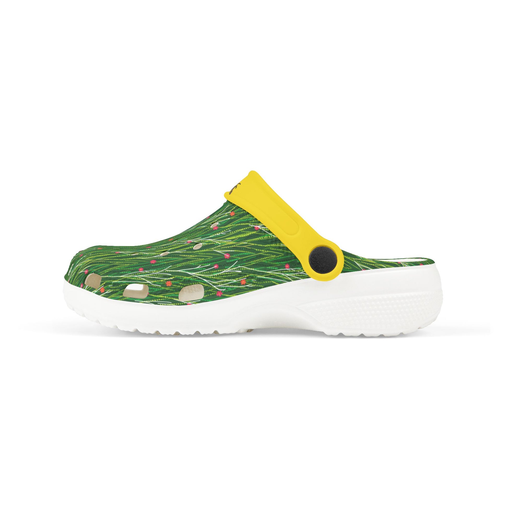 Green patterned slip-on clog with yellow strap and white sole, angled profile