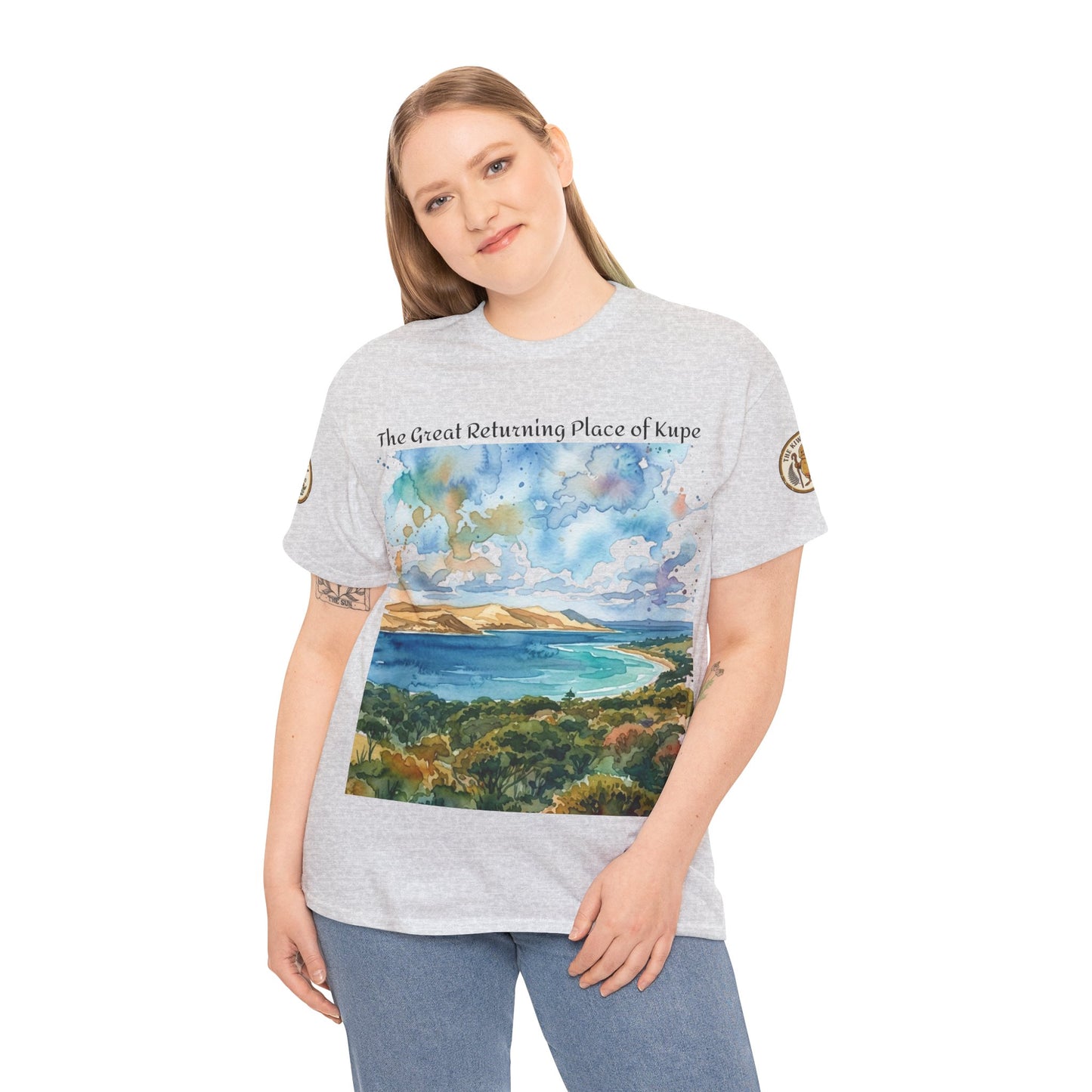 Heather gray graphic T-shirt worn by a model with front watercolor landscape print