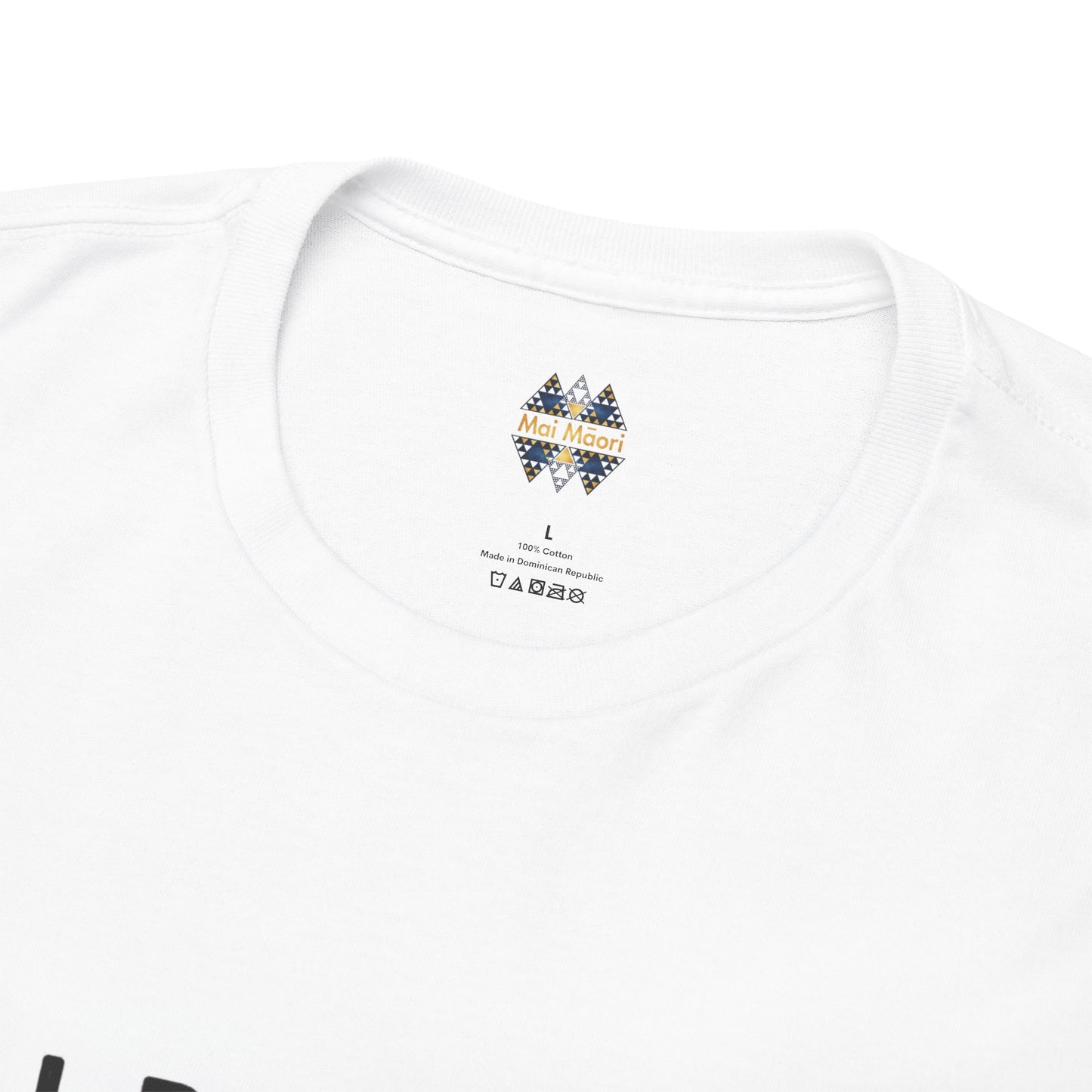 White T-shirt close-up of back neck emblem logo