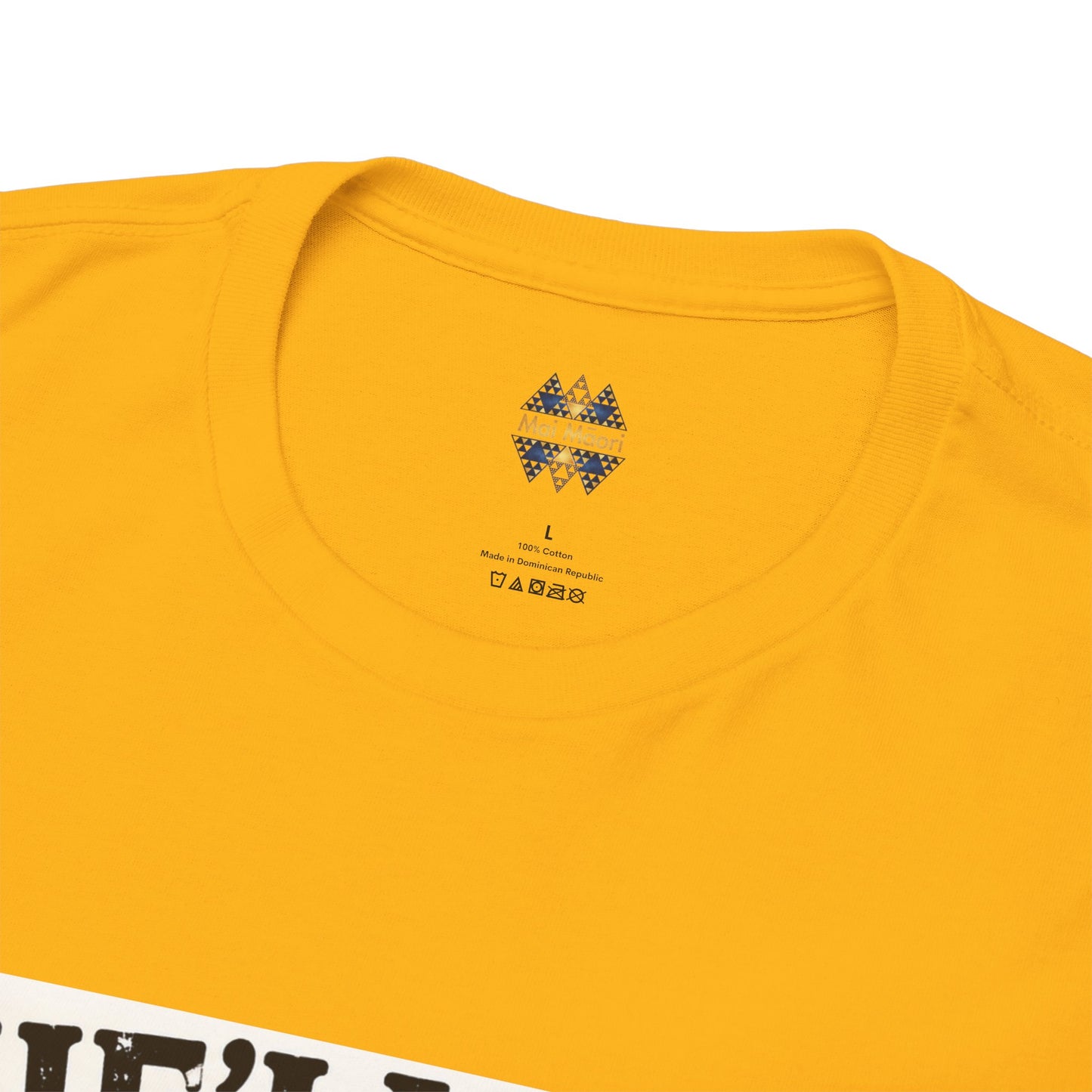 Yellow T-shirt neckline with small multicolor logo patch on the chest
