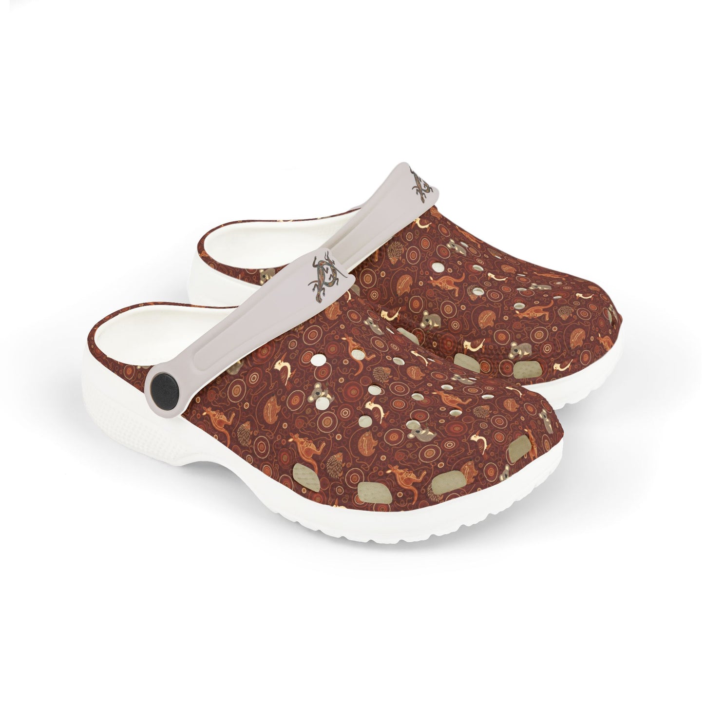 Printed casual clog shoes in maroon-brown with white strap detail and cutout vents.