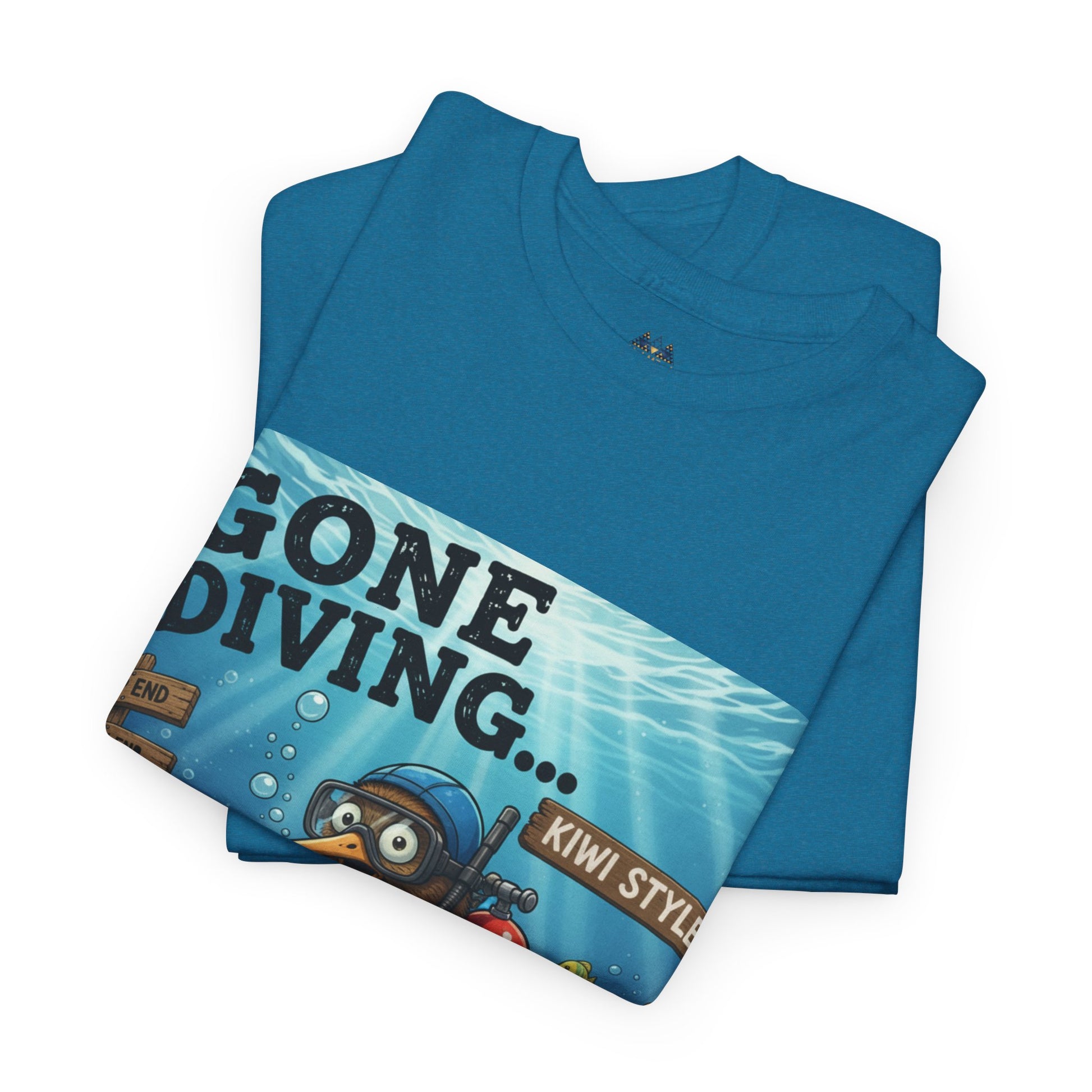 Teal T-shirt folded with large scuba diver graphic across the front