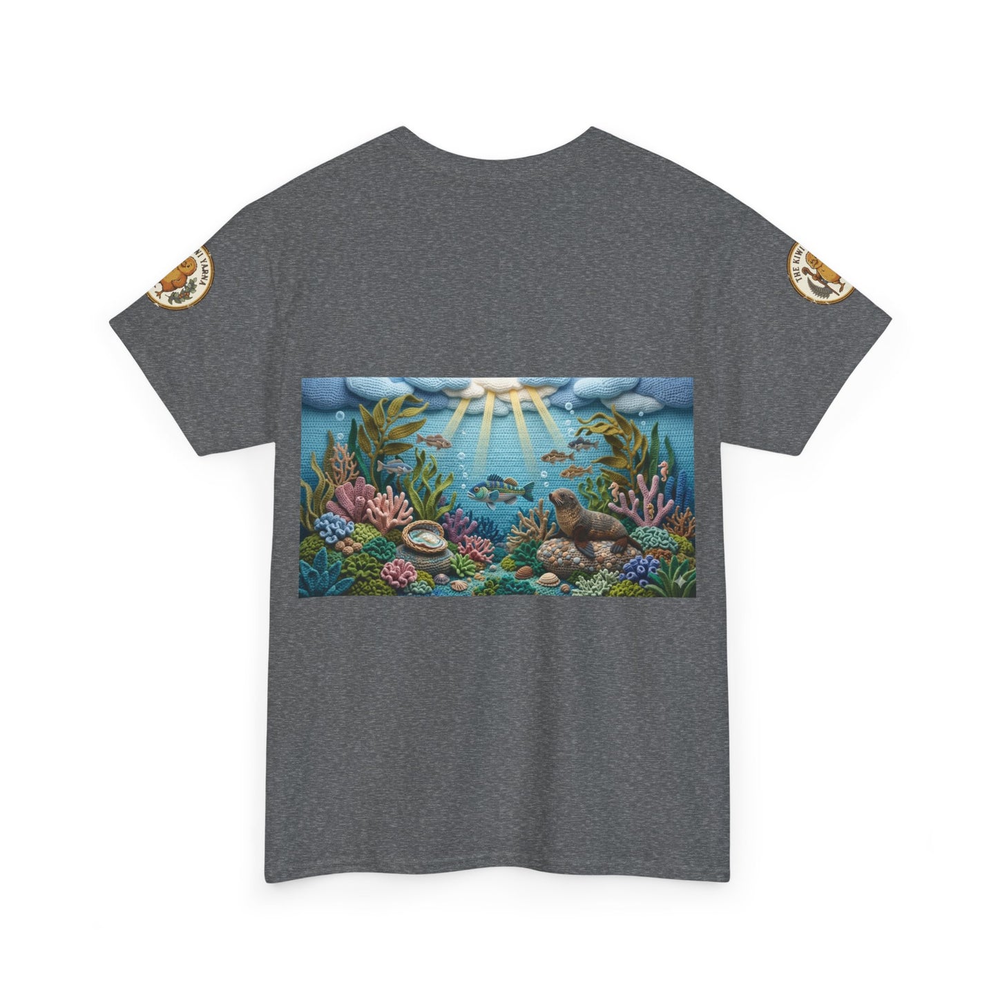 Gray crew-neck short-sleeve T-shirt with centered underwater scene graphic and sleeve patches