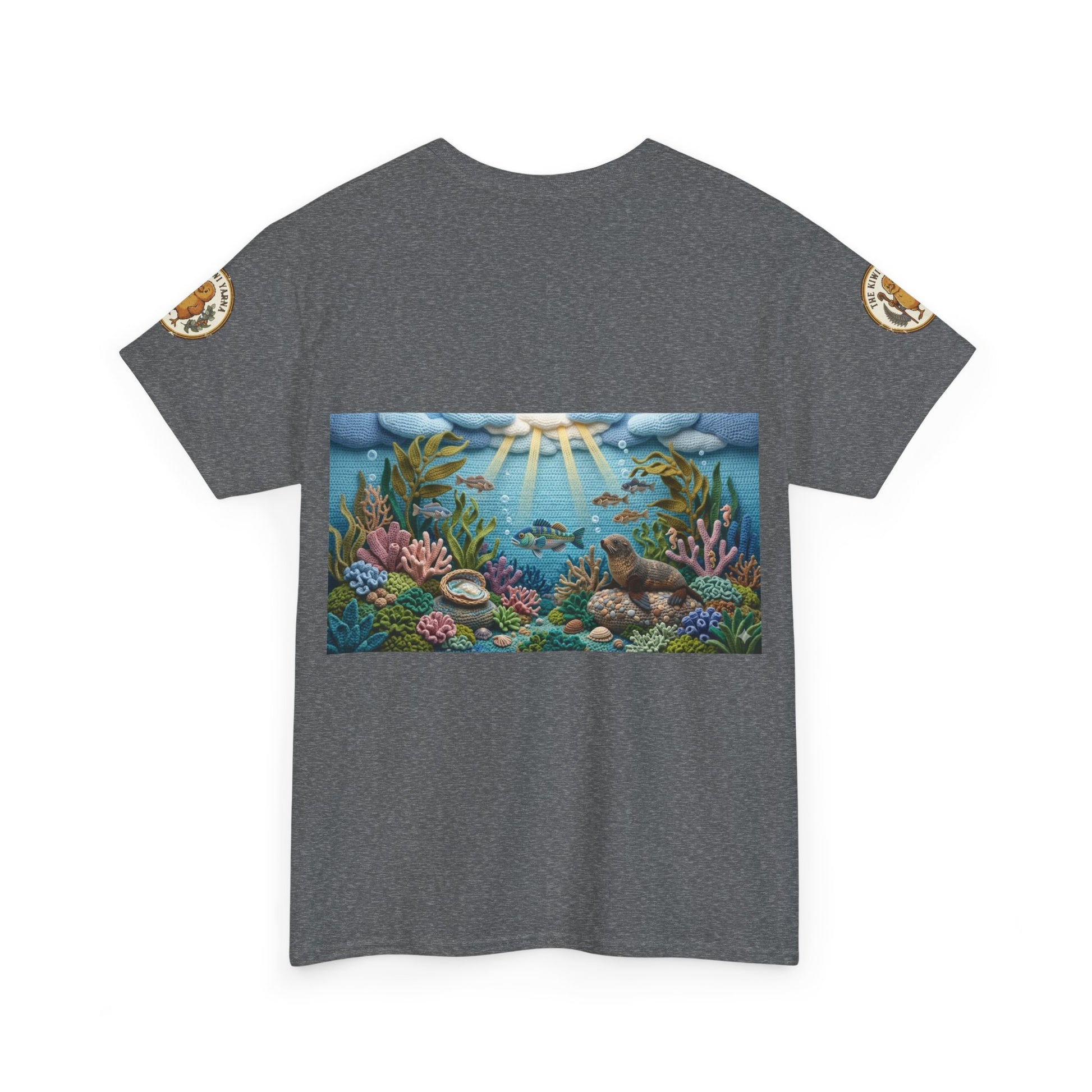 Gray crew-neck short-sleeve T-shirt with centered underwater scene graphic and sleeve patches