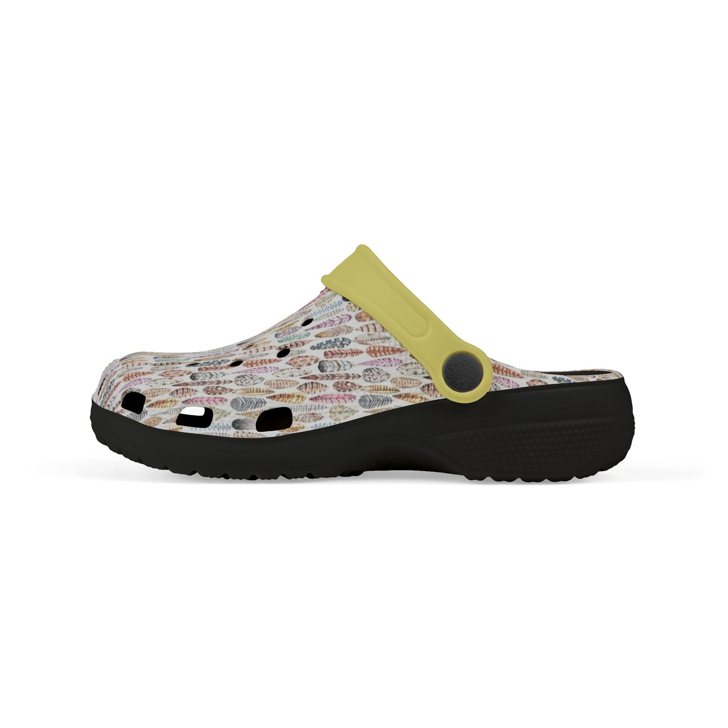 Croc-style clogs with white patterned top, yellow strap, and black cushioned sole