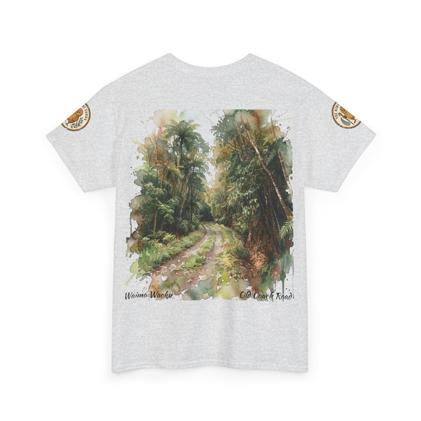 Light gray crewneck graphic t-shirt with scenic landscape front print and small bird text