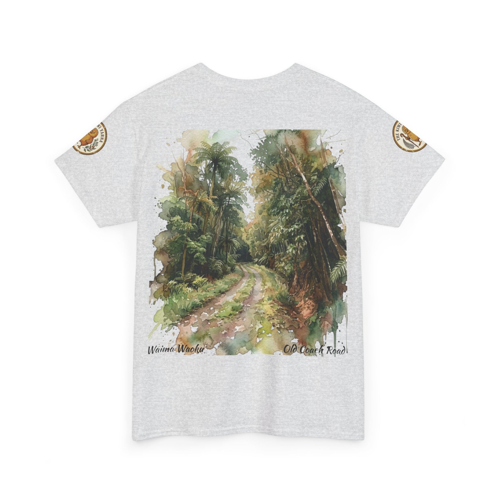 Light gray crewneck graphic t-shirt with scenic landscape front print and small bird text