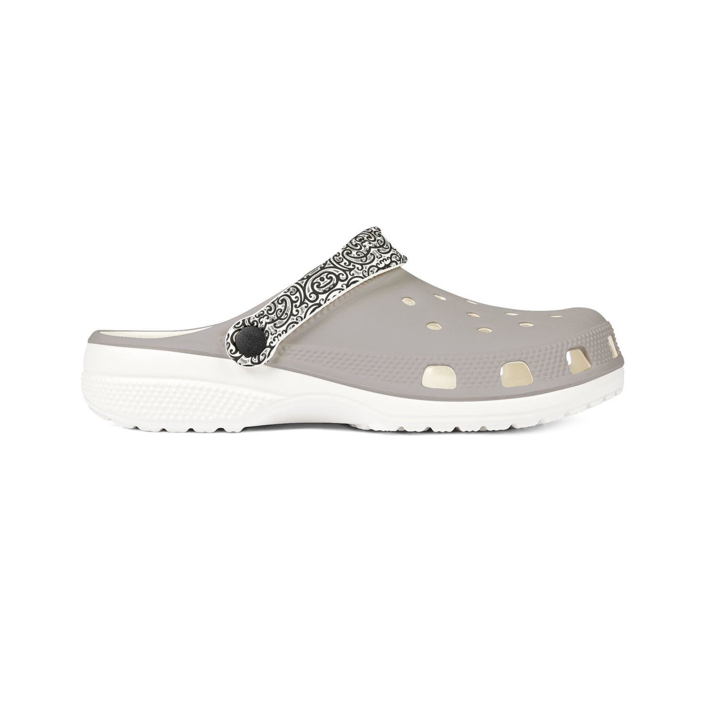 Ponga clogs, light-gray perforated upper with black patterned heel strap