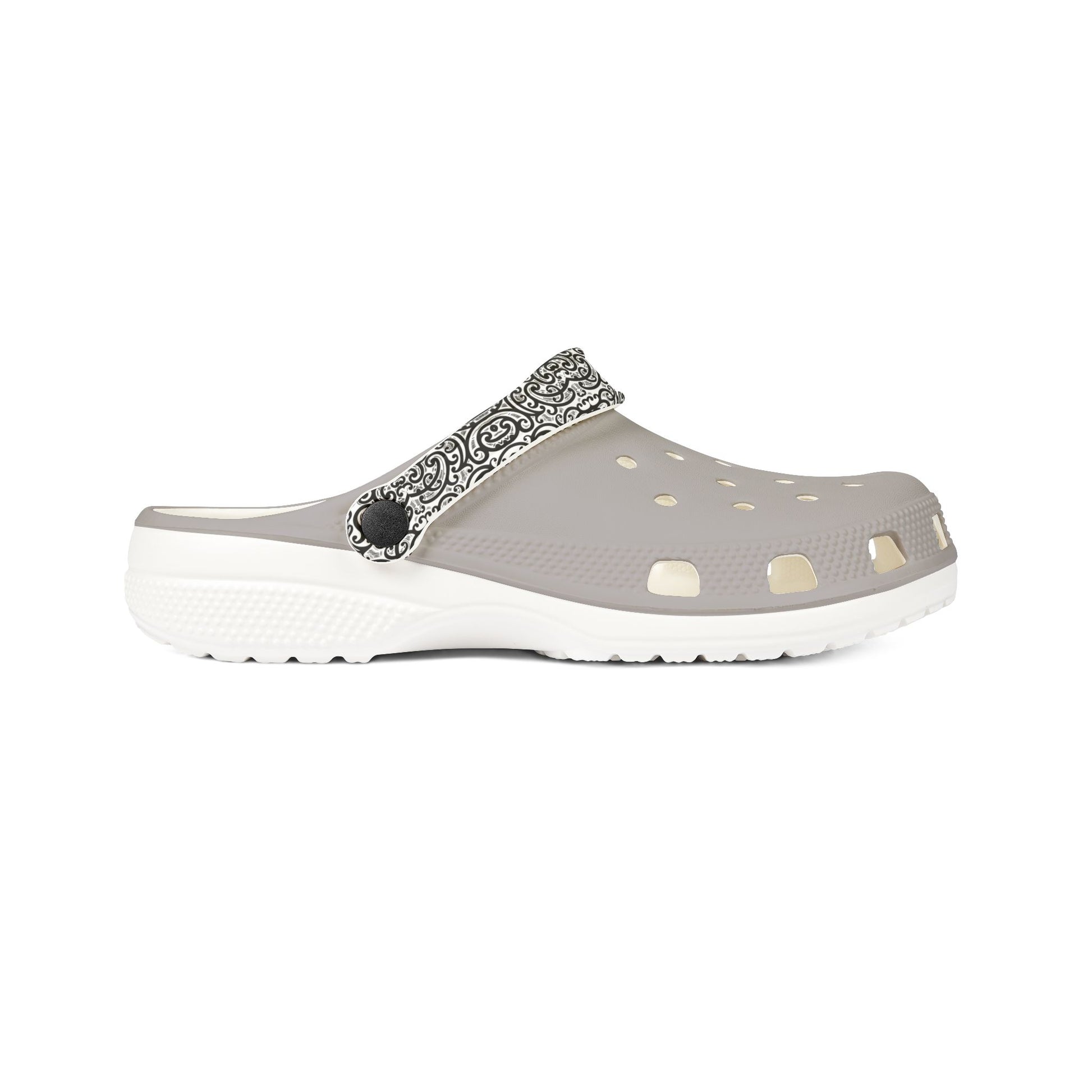 Ponga clogs, light-gray perforated upper with black patterned heel strap