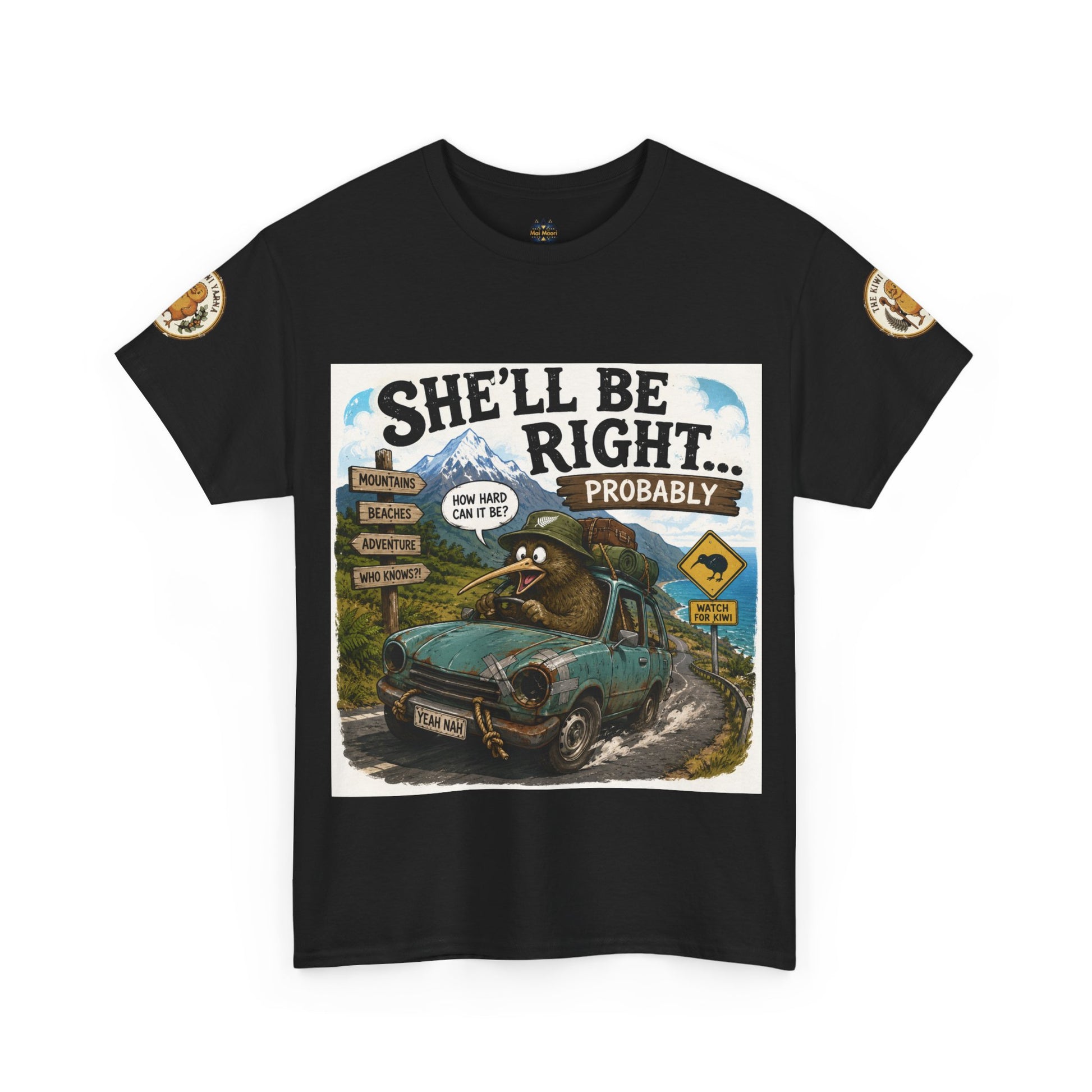 Black graphic T-shirt with front print and round sleeve logo patches.
