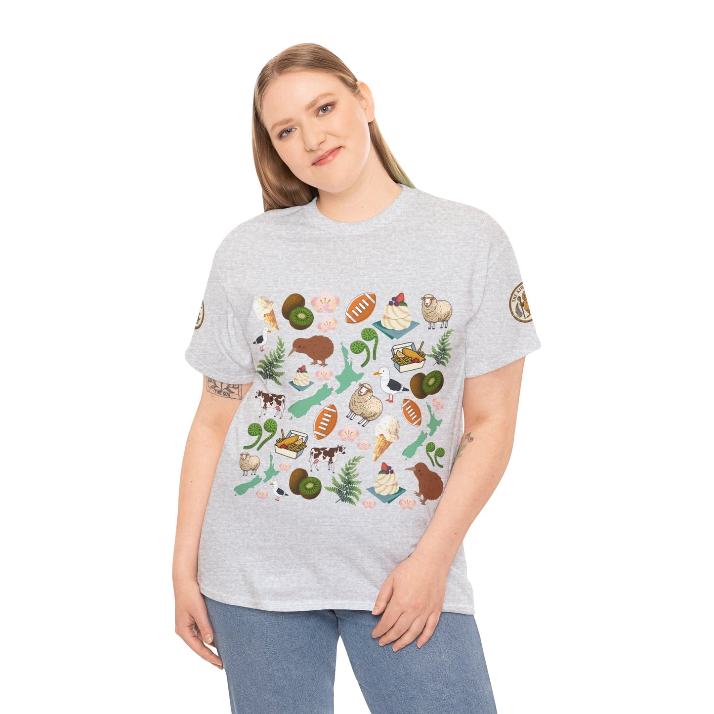 Gray heather crewneck T-shirt with Kiwiana wildlife, fruit, and plant graphic front
