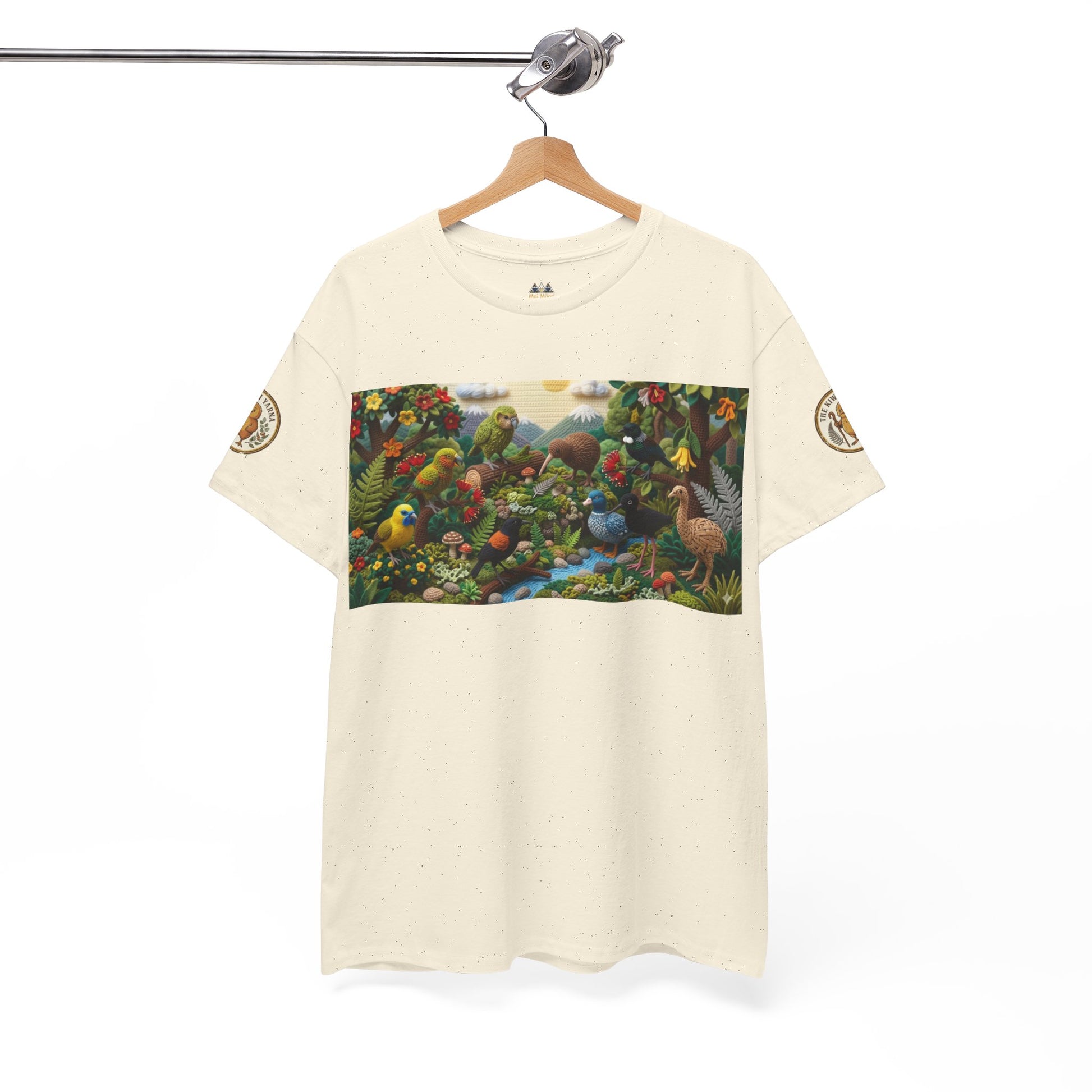 Off-white crew-neck t-shirt with rectangular bird-and-forest graphic and sleeve logos