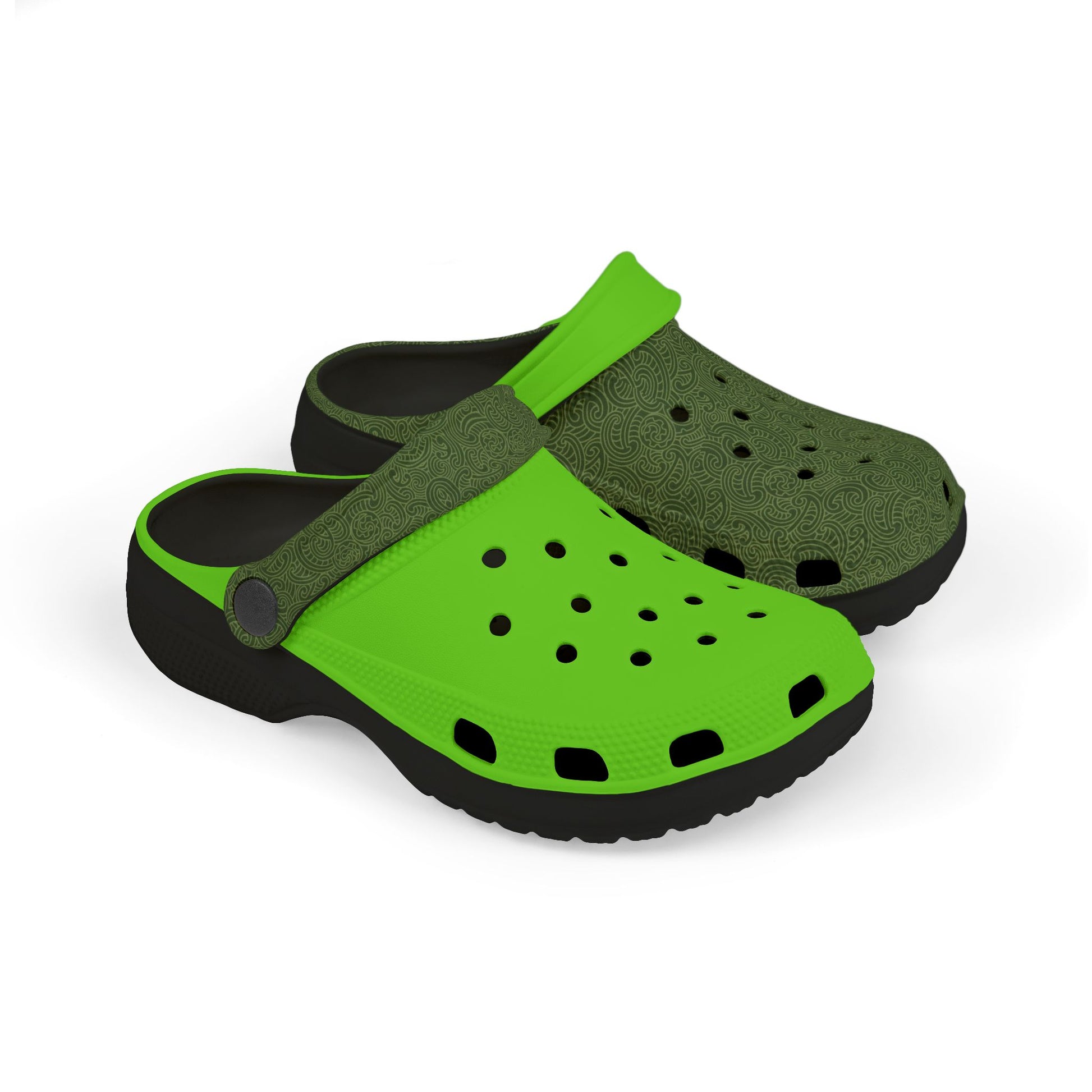 Piripiri perforated clog, open back view with neon green and dark green colors