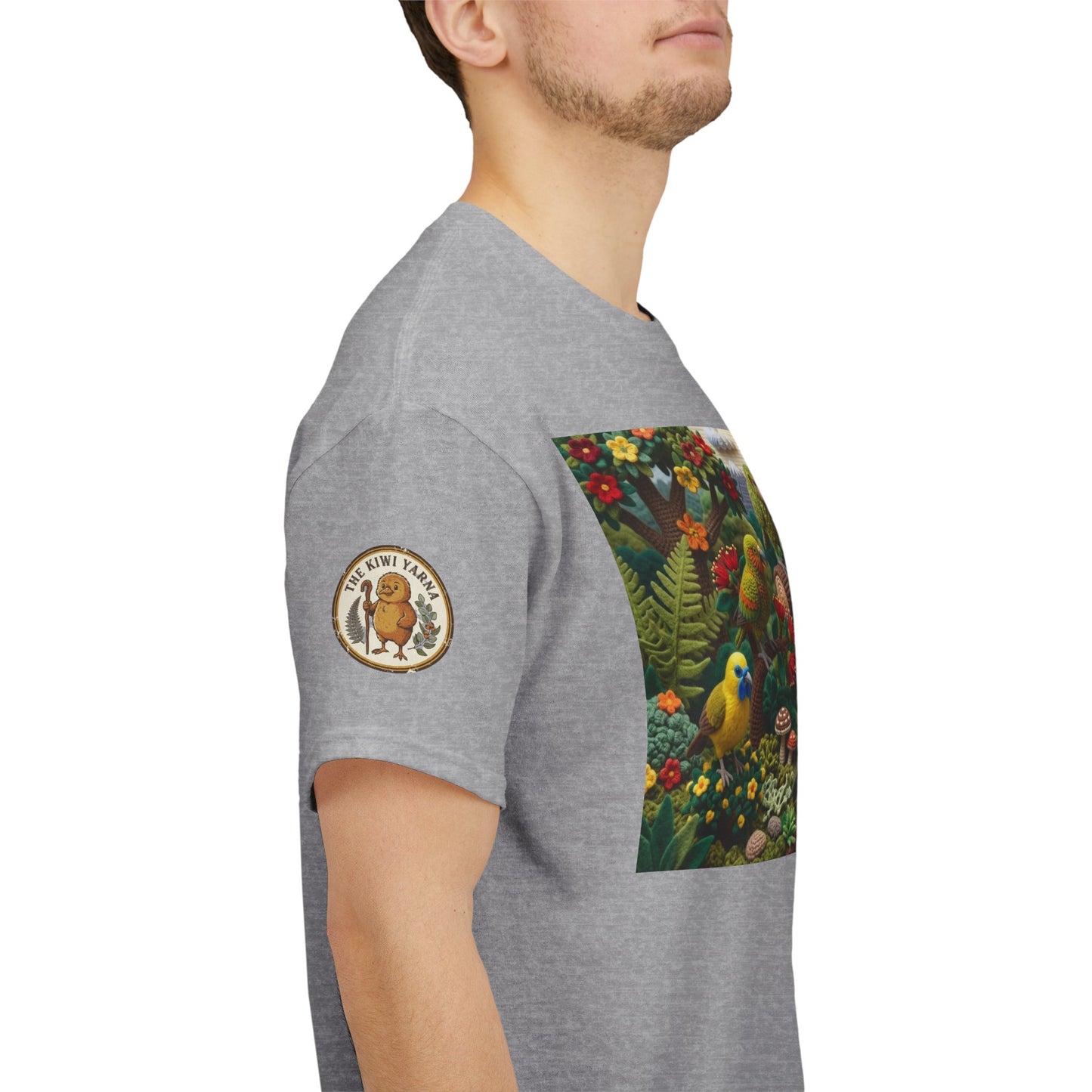 Heather gray T-shirt with circular sleeve patch and colorful bird scene panel