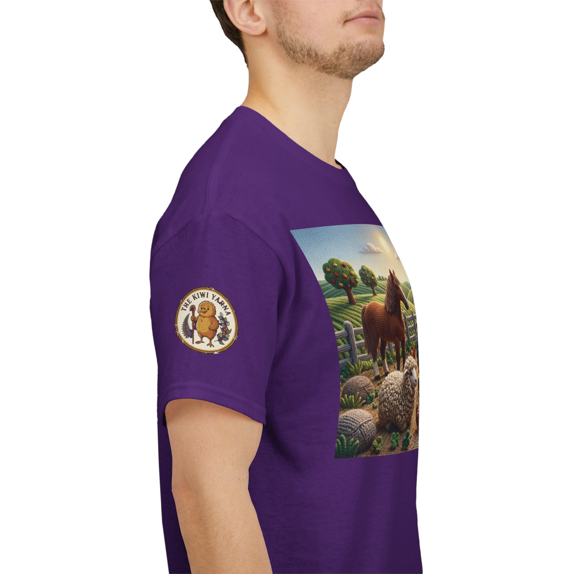 Purple farm graphic T-shirt with circular sleeve logo; side view
