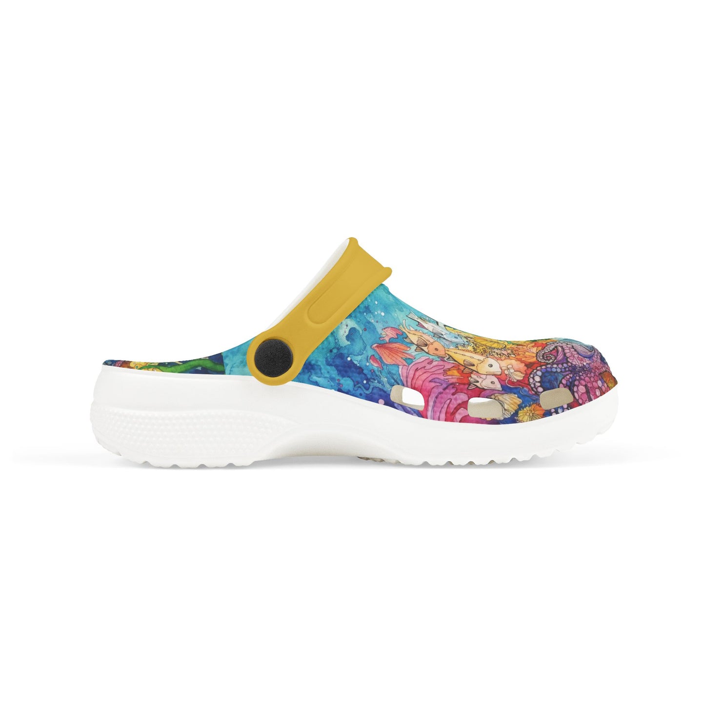 Kids slip-on clogs in colorful ocean reef print, side view with white outsole and yellow strap.