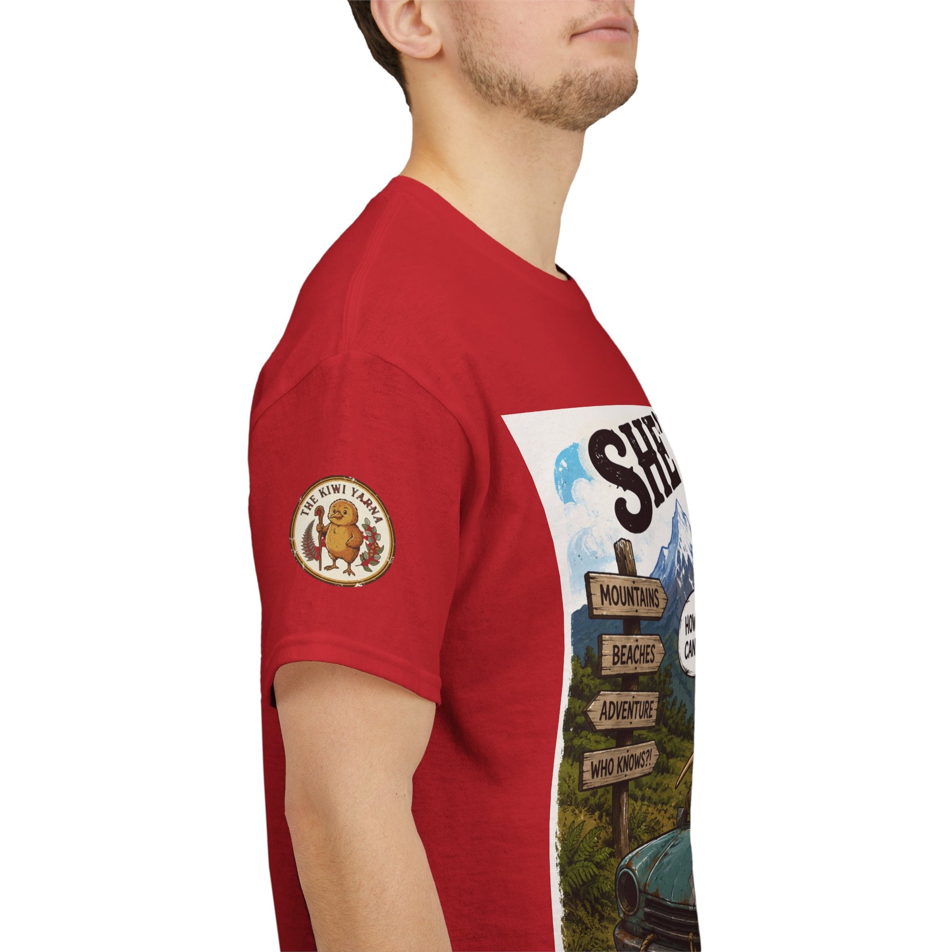 Red crew-neck T-shirt with sleeve emblem and partial side graphic print