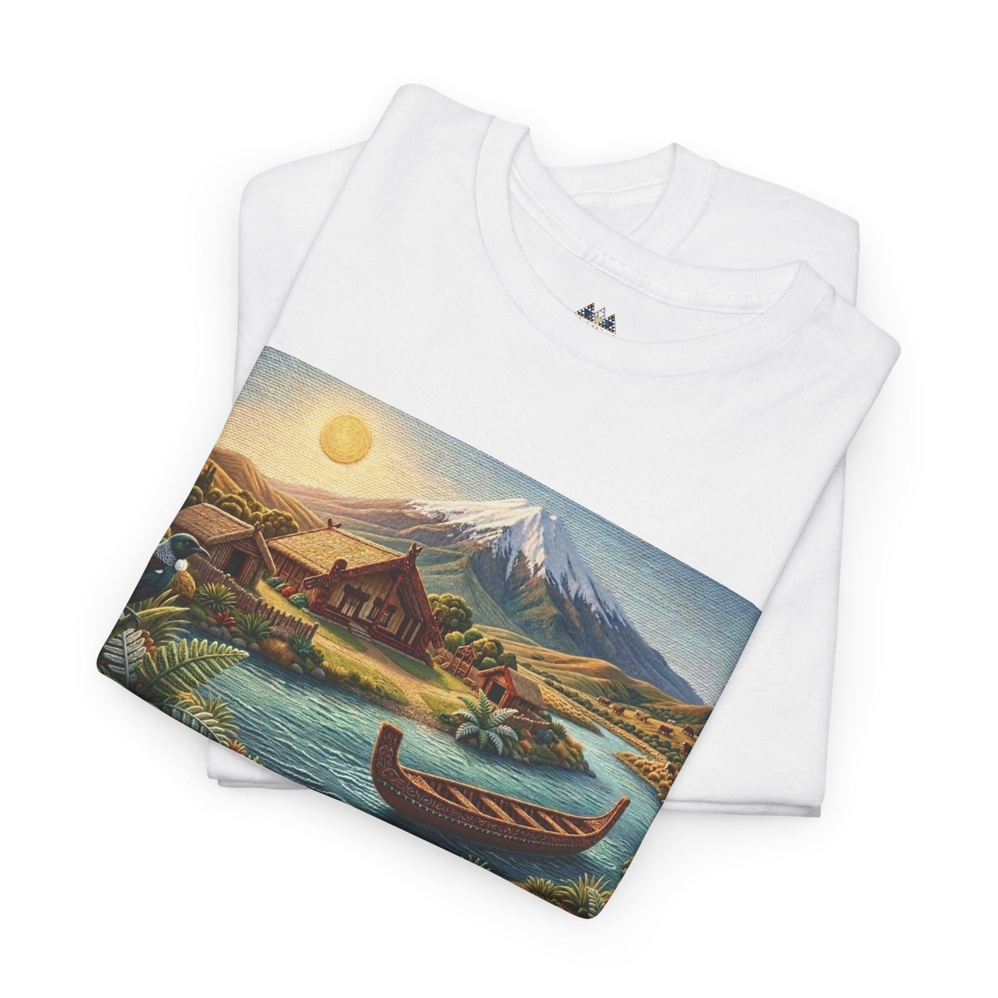 White short-sleeve T-shirt with front landscape print and small chest logo