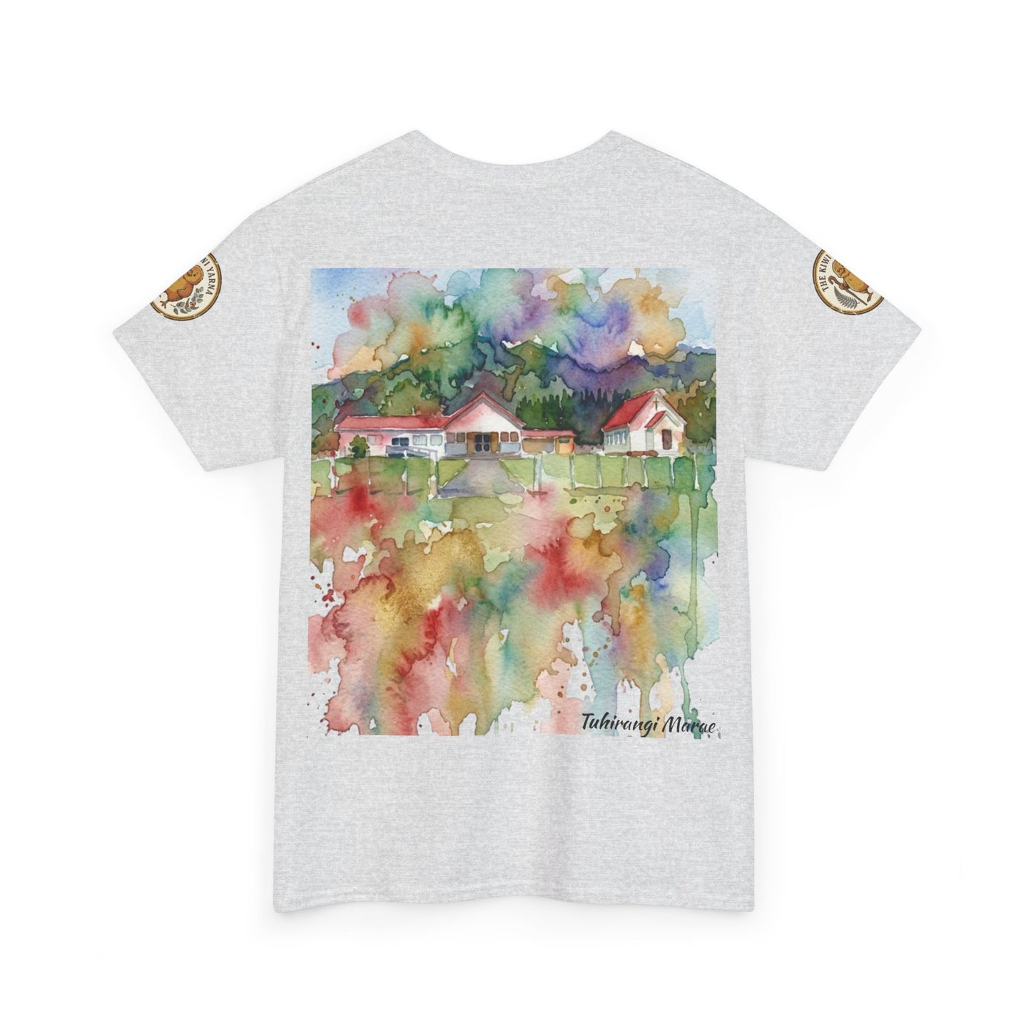 Heather gray T-shirt with watercolor-style house landscape graphic