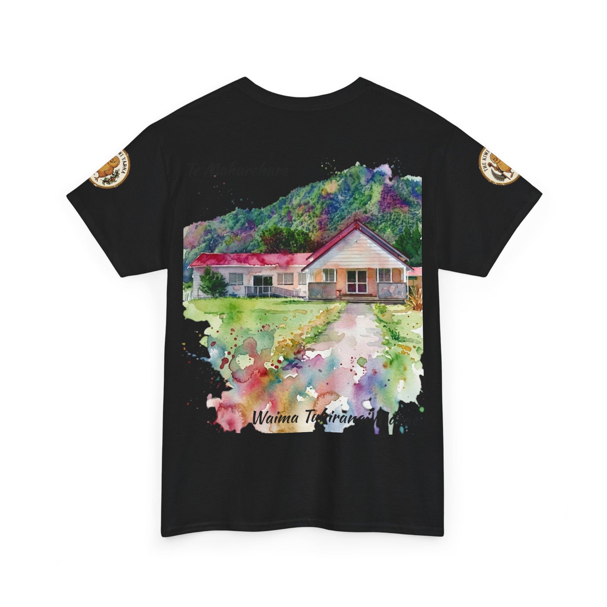Black graphic T-shirt with watercolor house scene front print and small sleeve emblem