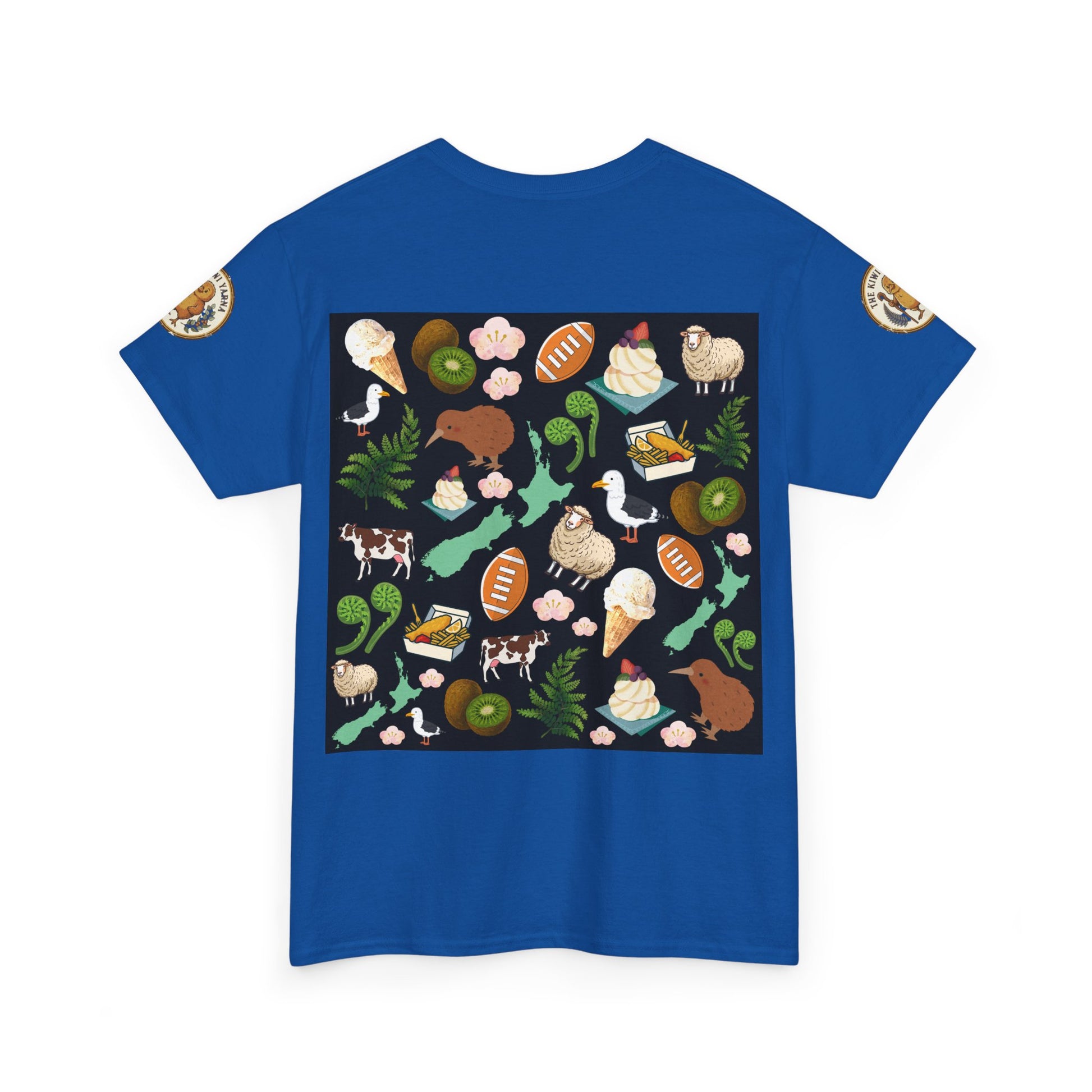 Kiwiana graphic T-shirt in antique sapphire blue with colorful wildlife print, crew neck