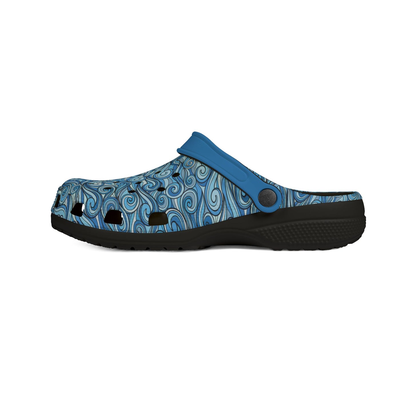 Blue patterned clog sandal, side profile with strap and dark treaded sole