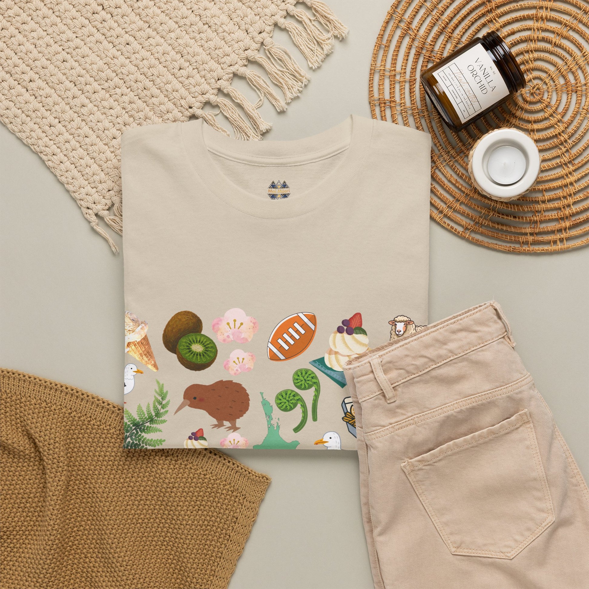 Beige crewneck T-shirt with small chest crest logo and colorful animal graphic