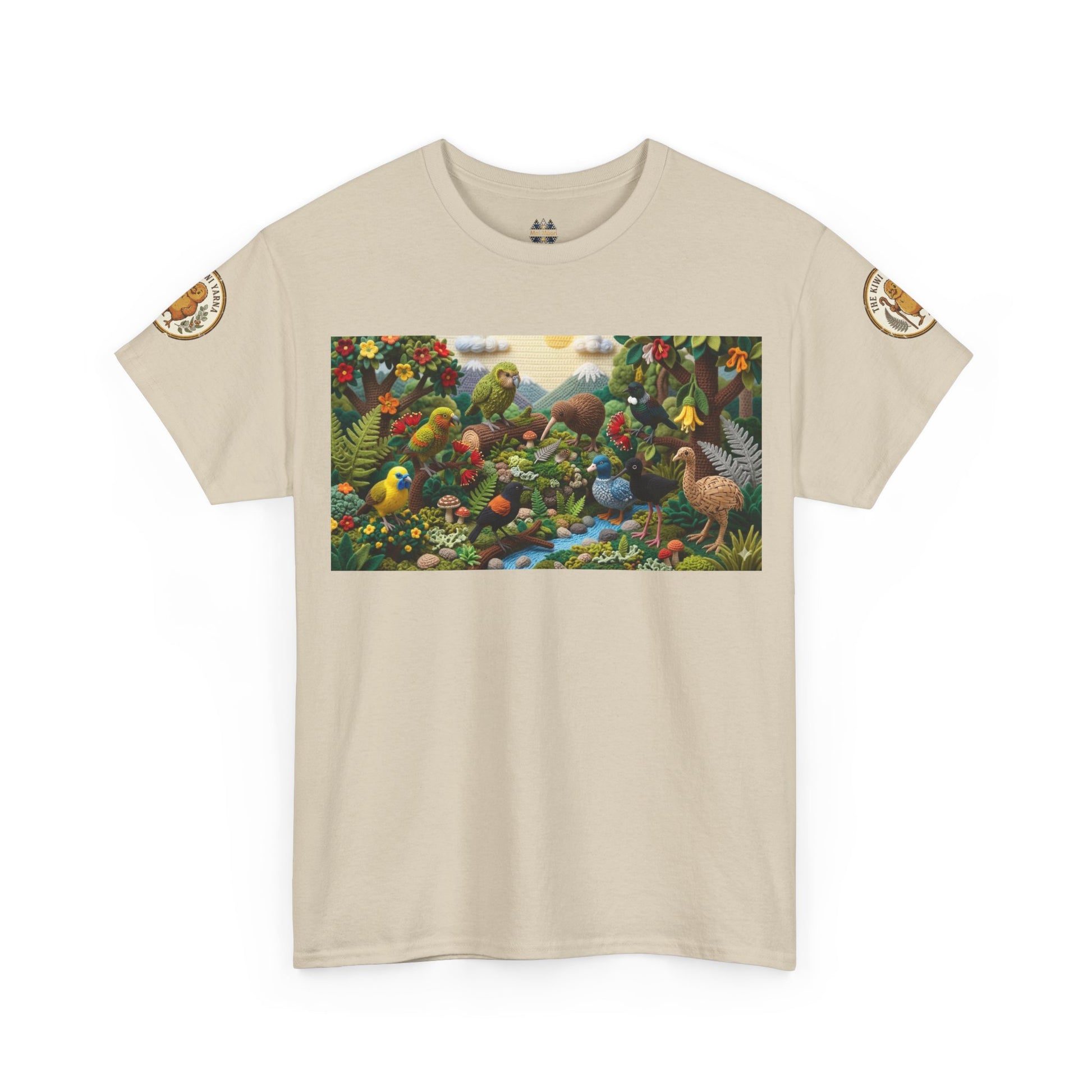 Beige crewneck T-shirt with wildlife bird graphic and circular sleeve logo patches