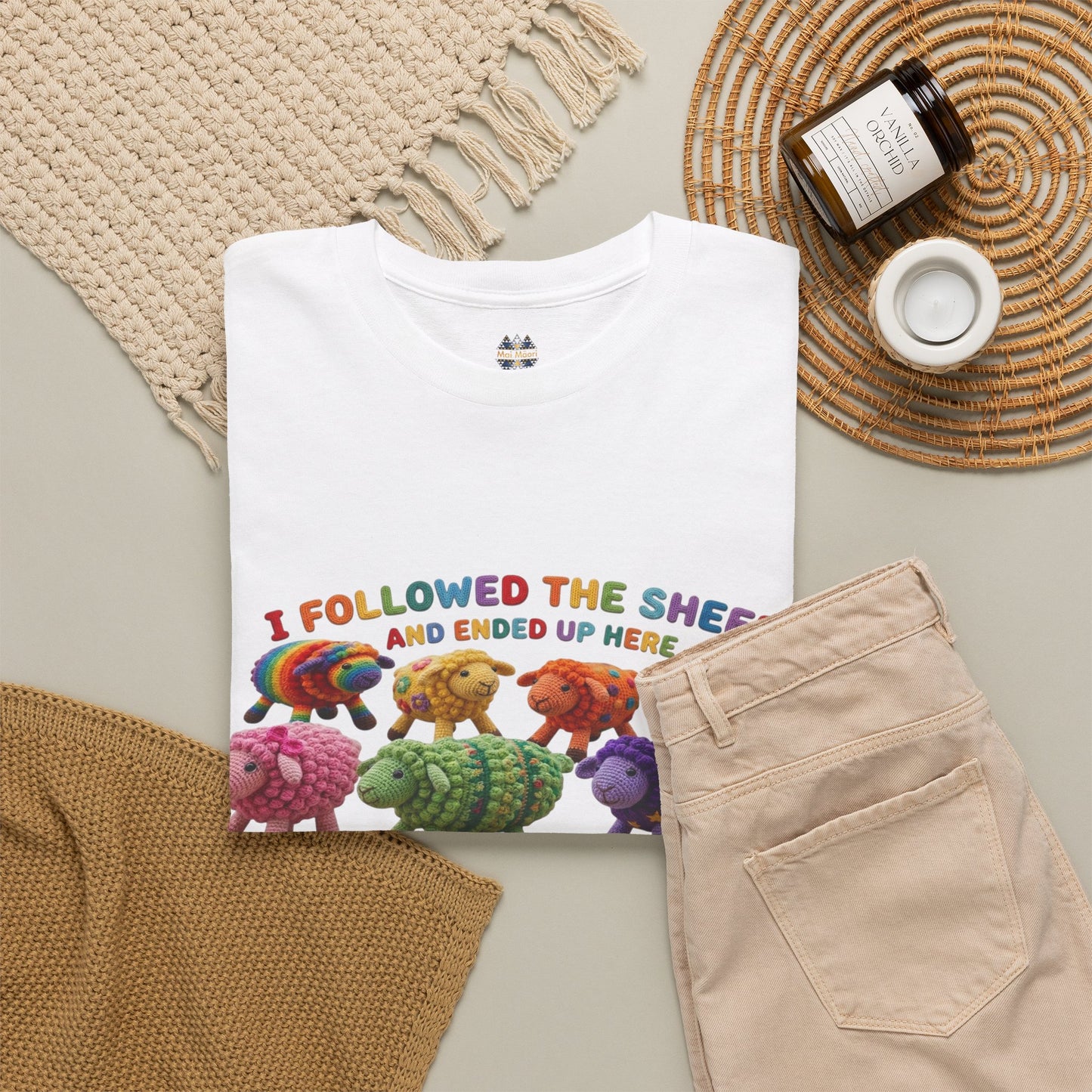 White T-shirt with sheep herd graphic and small chest logo, crew neckline