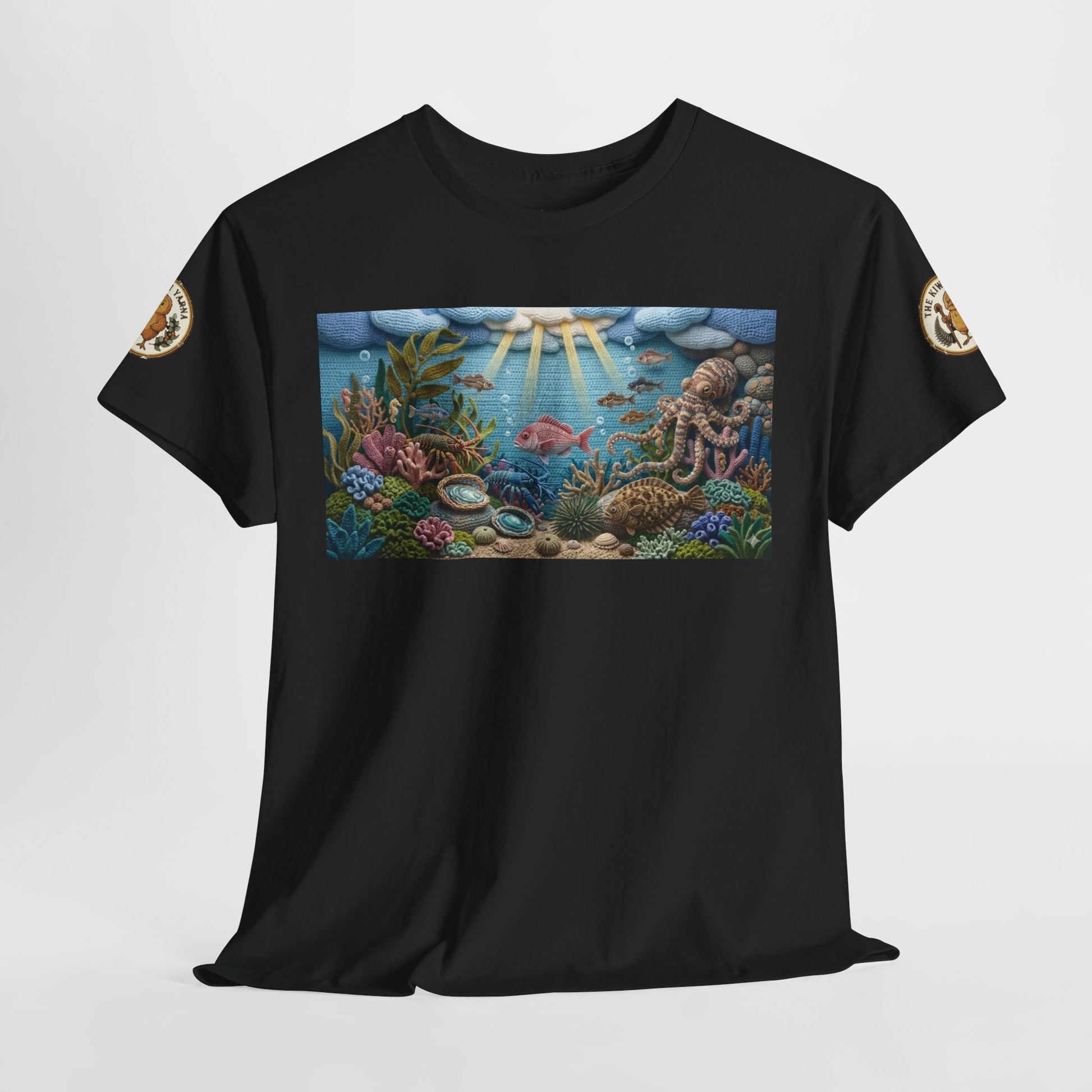 Black crew-neck T-shirt with rectangular undersea scene print on front.