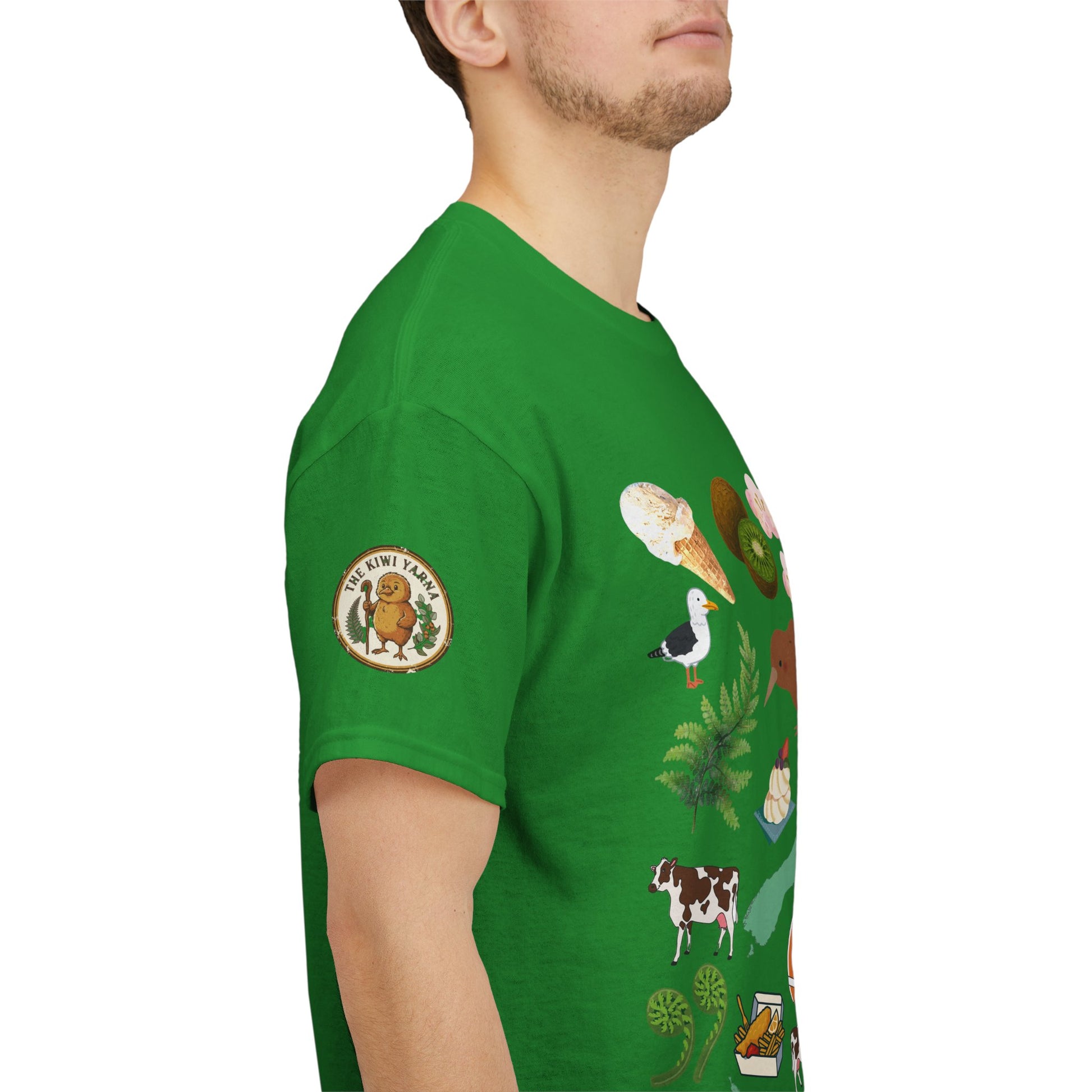 Green crewneck T-shirt with Kiwiana-themed animal print on sleeve (side view)