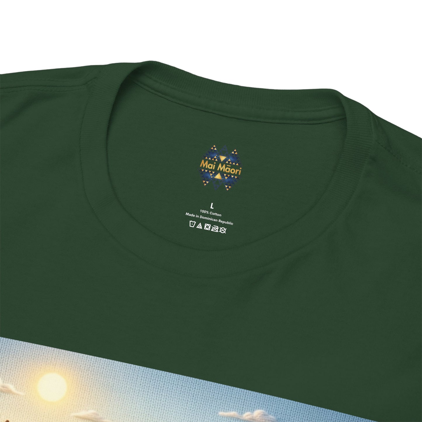 Forest green crewneck T-shirt with small chest logo above farm graphic