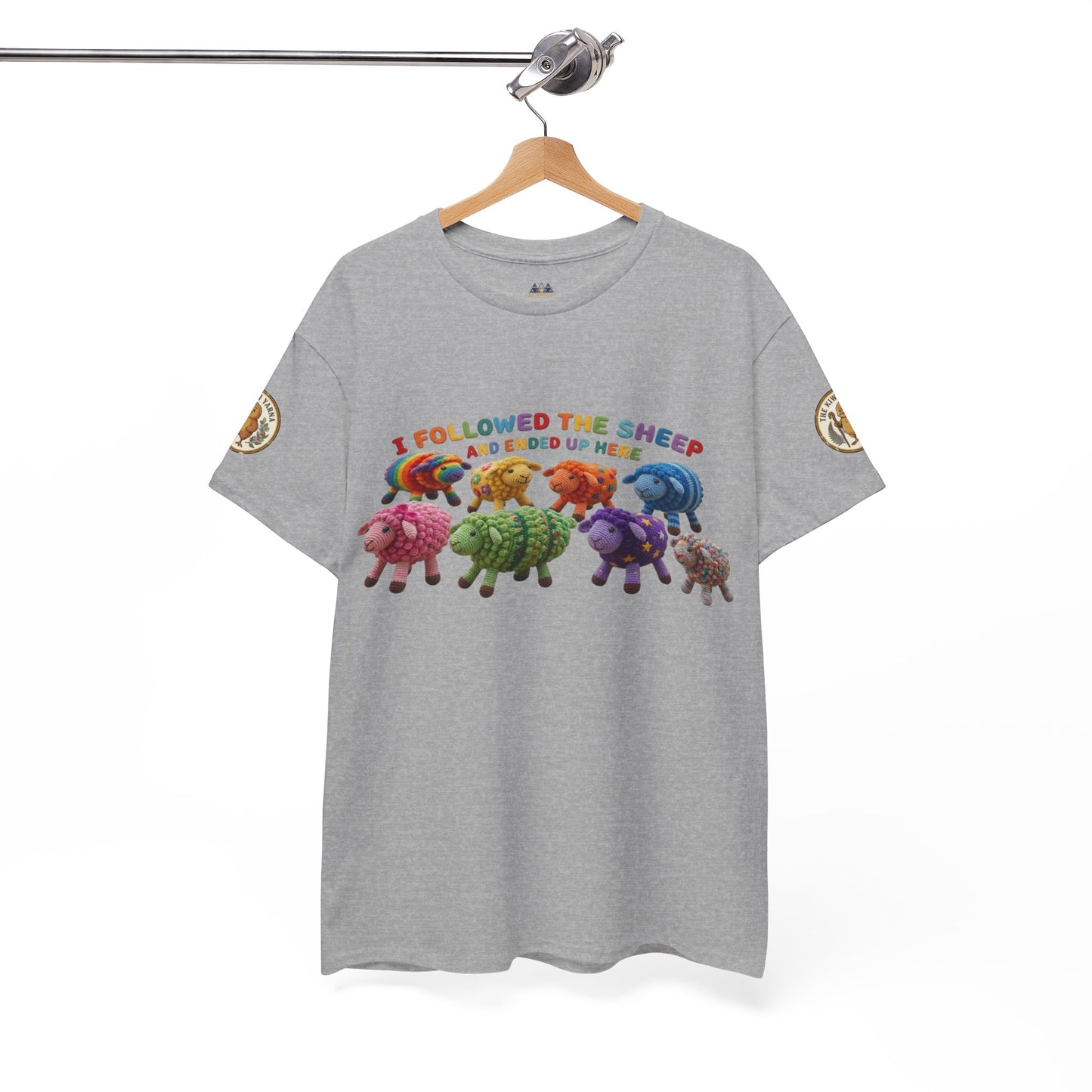 Gray heather crewneck T-shirt with front multicolor sheep graphic and small sleeve patch