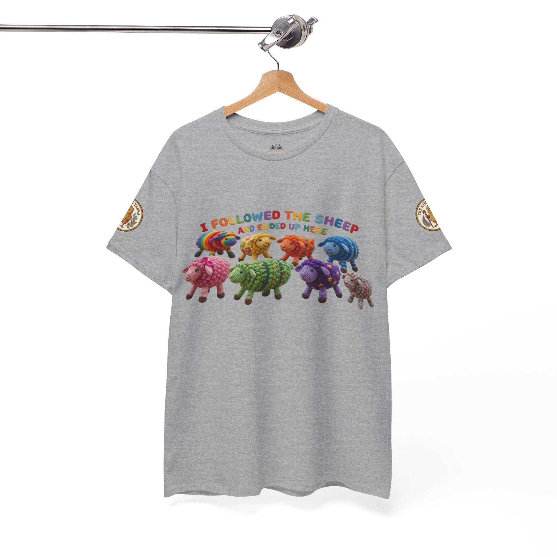 Gray heather crewneck T-shirt with front multicolor sheep graphic and small sleeve patch