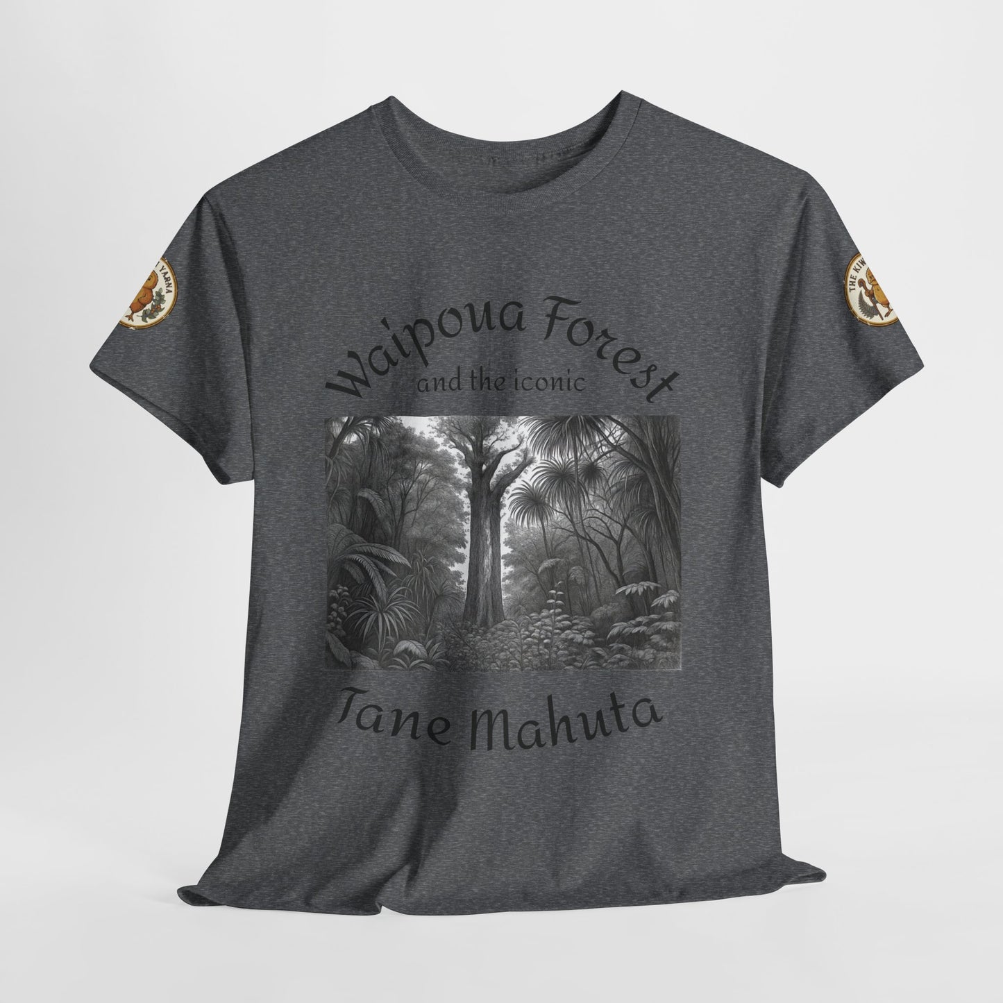 Heather gray front graphic T-shirt with forest scene and text at center, crew neck