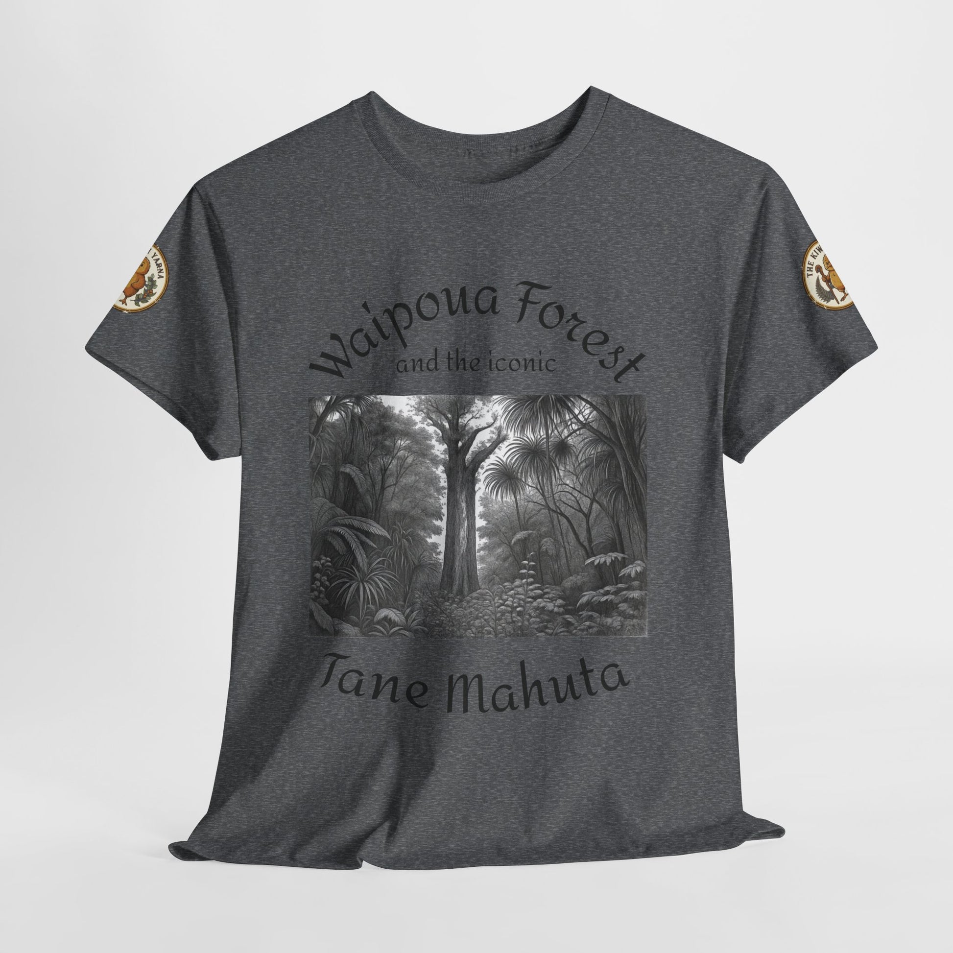 Heather gray front graphic T-shirt with forest scene and text at center, crew neck