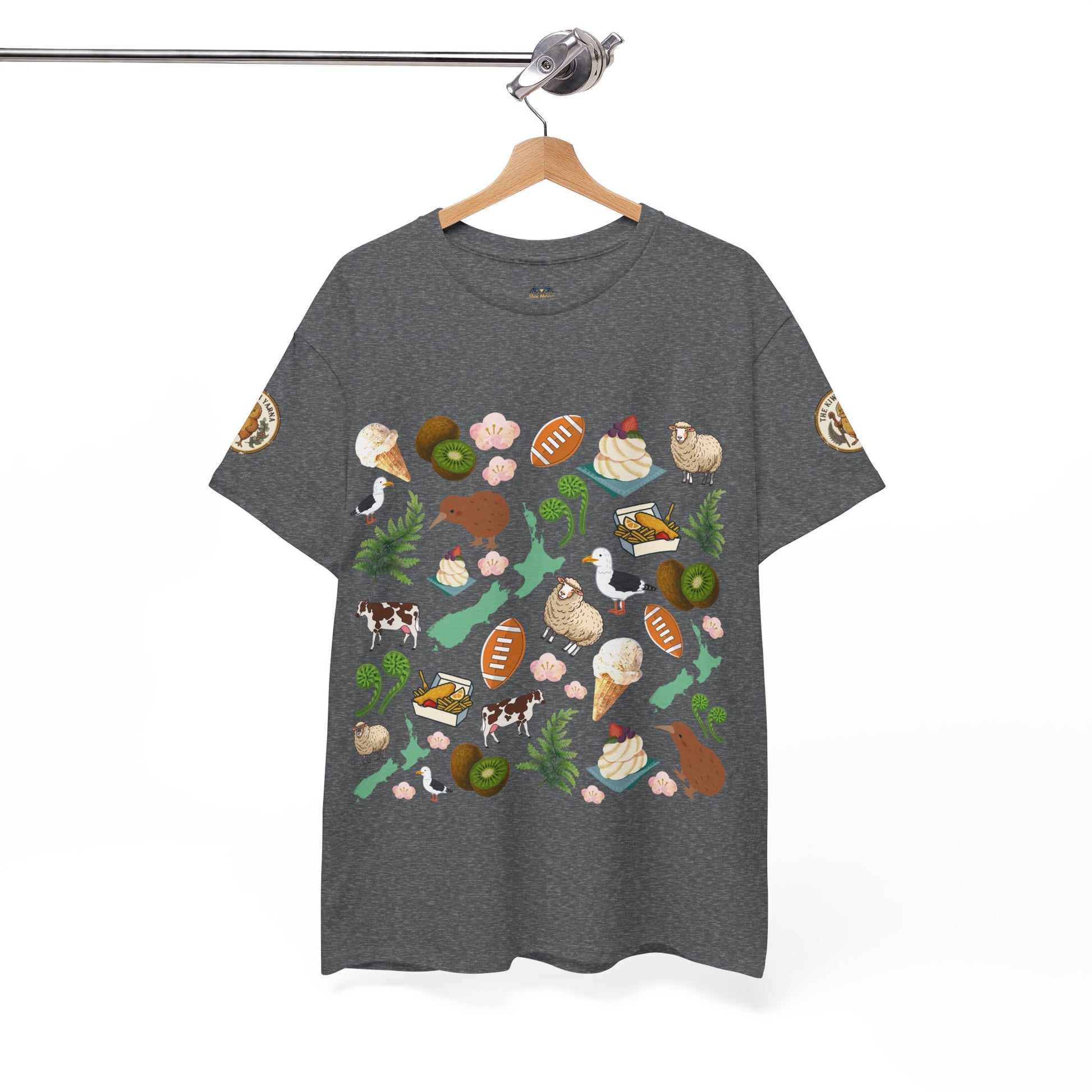 Heather gray crewneck T-shirt with colorful tropical wildlife print
