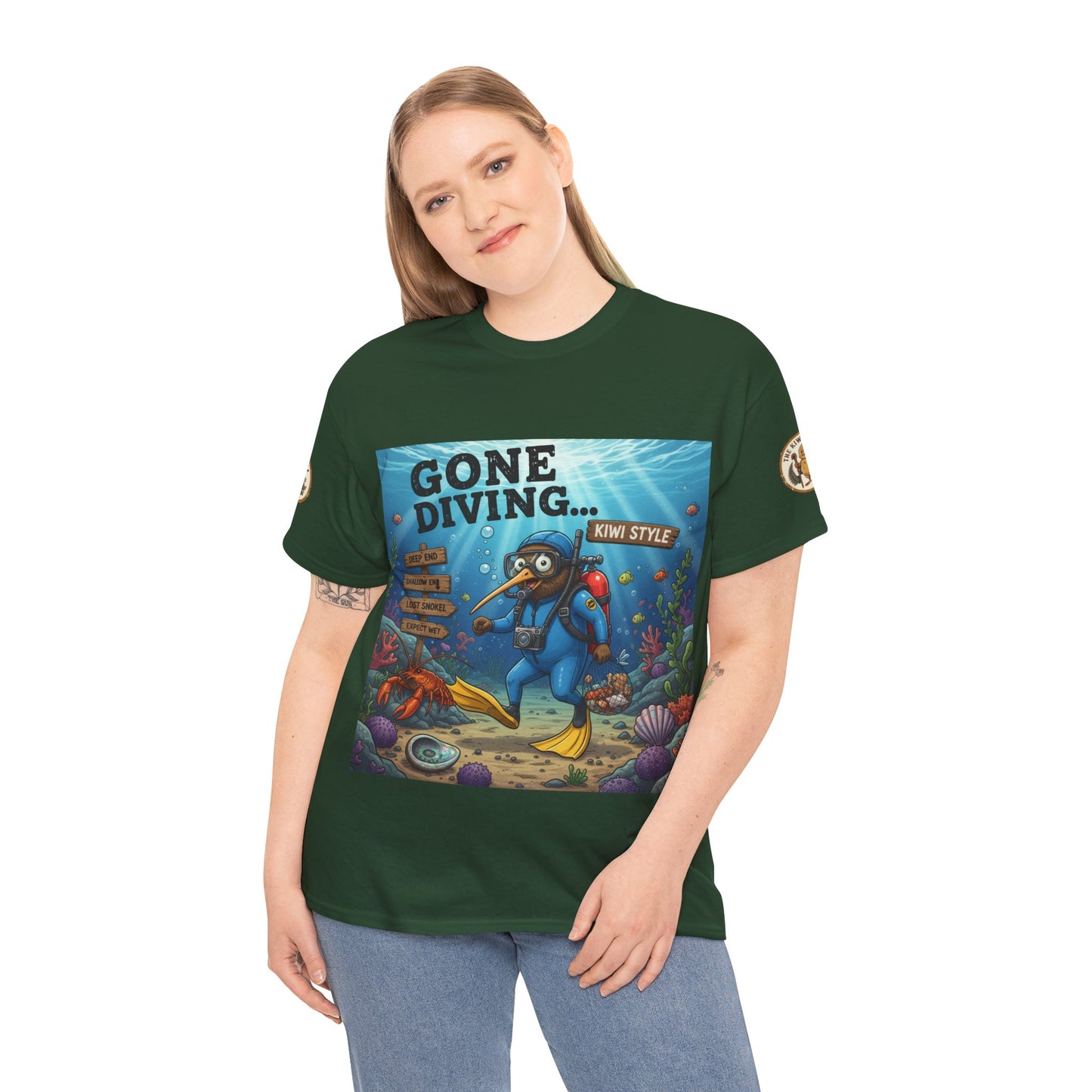 Dark green graphic T-shirt on model with “Gone Diving” diver artwork and sleeve logo
