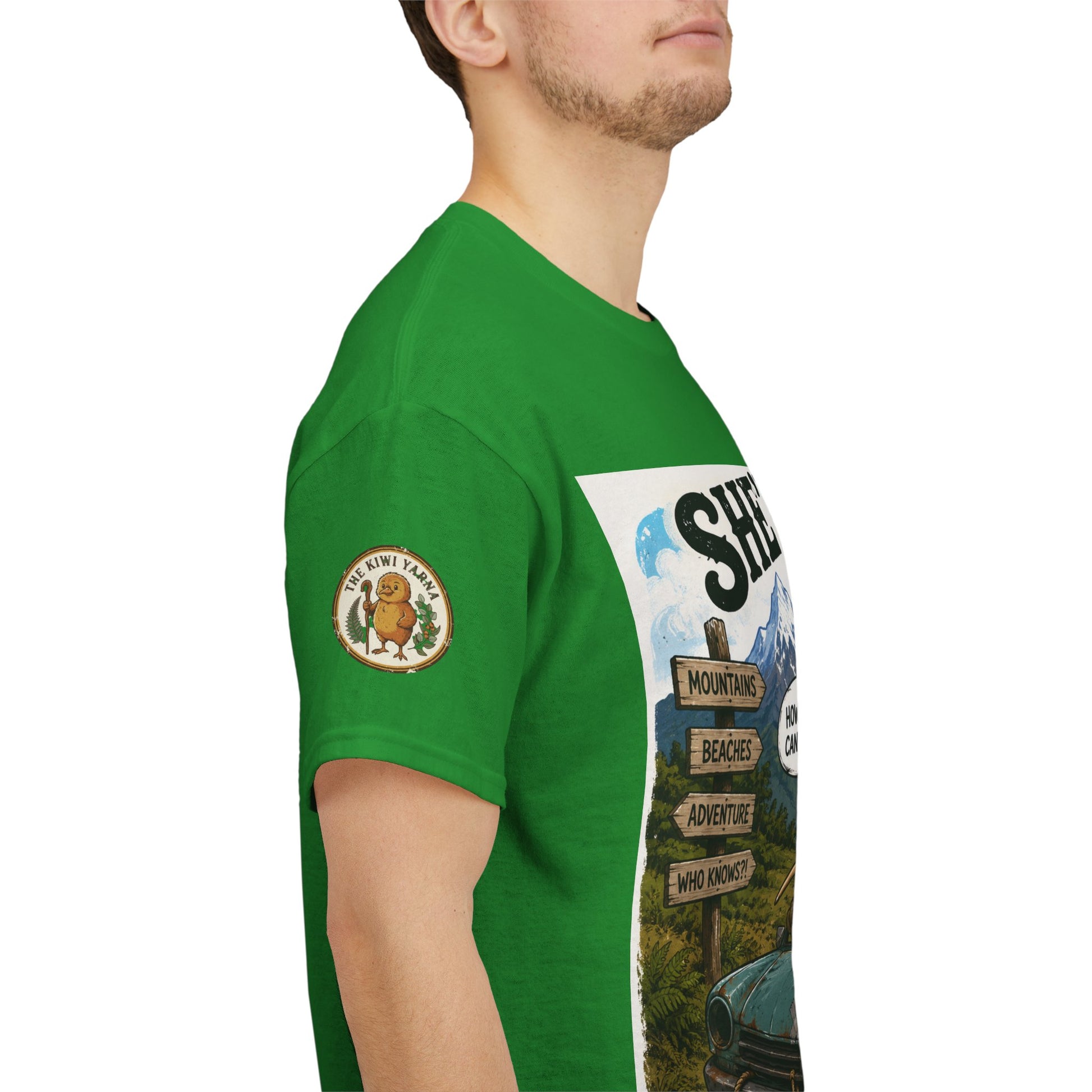 Green graphic T-shirt showing side sleeve patch and back-to-front print.