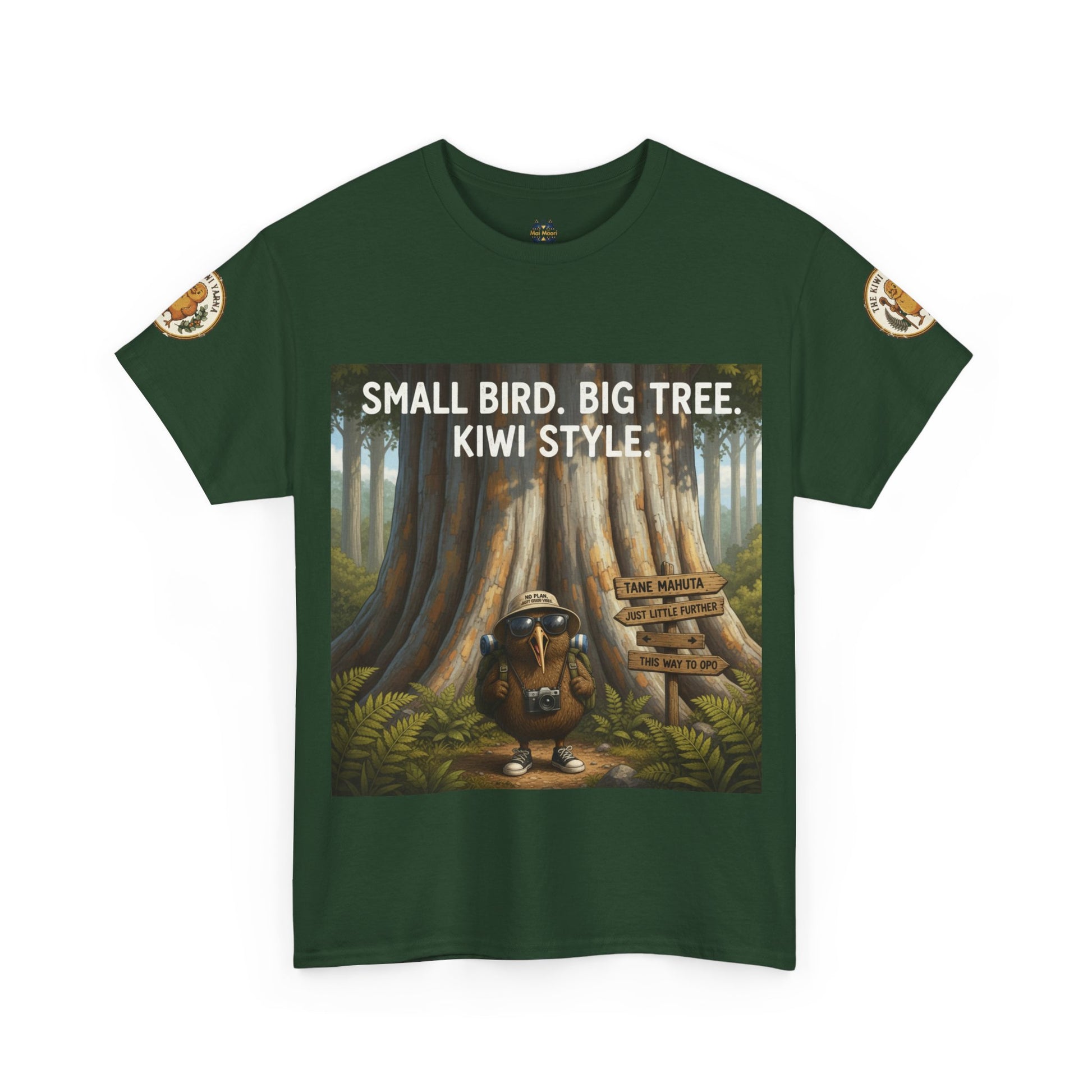 Dark green crewneck T-shirt with front graphic of kiwi in forest and logo sleeve patches